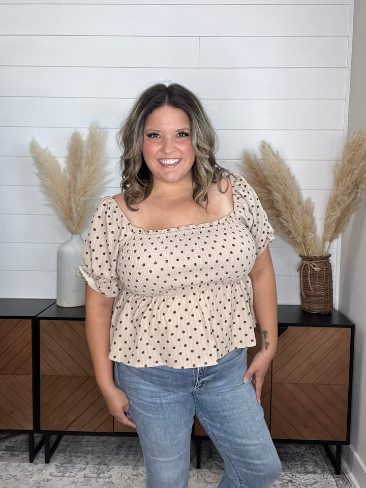 "Sweetie" Polka Dot Smocked Peplum Crop Top