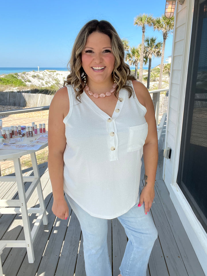 "Caldwell" Waffle Texture Tank with Chest Pockets and Faux Buttons (Ivory)