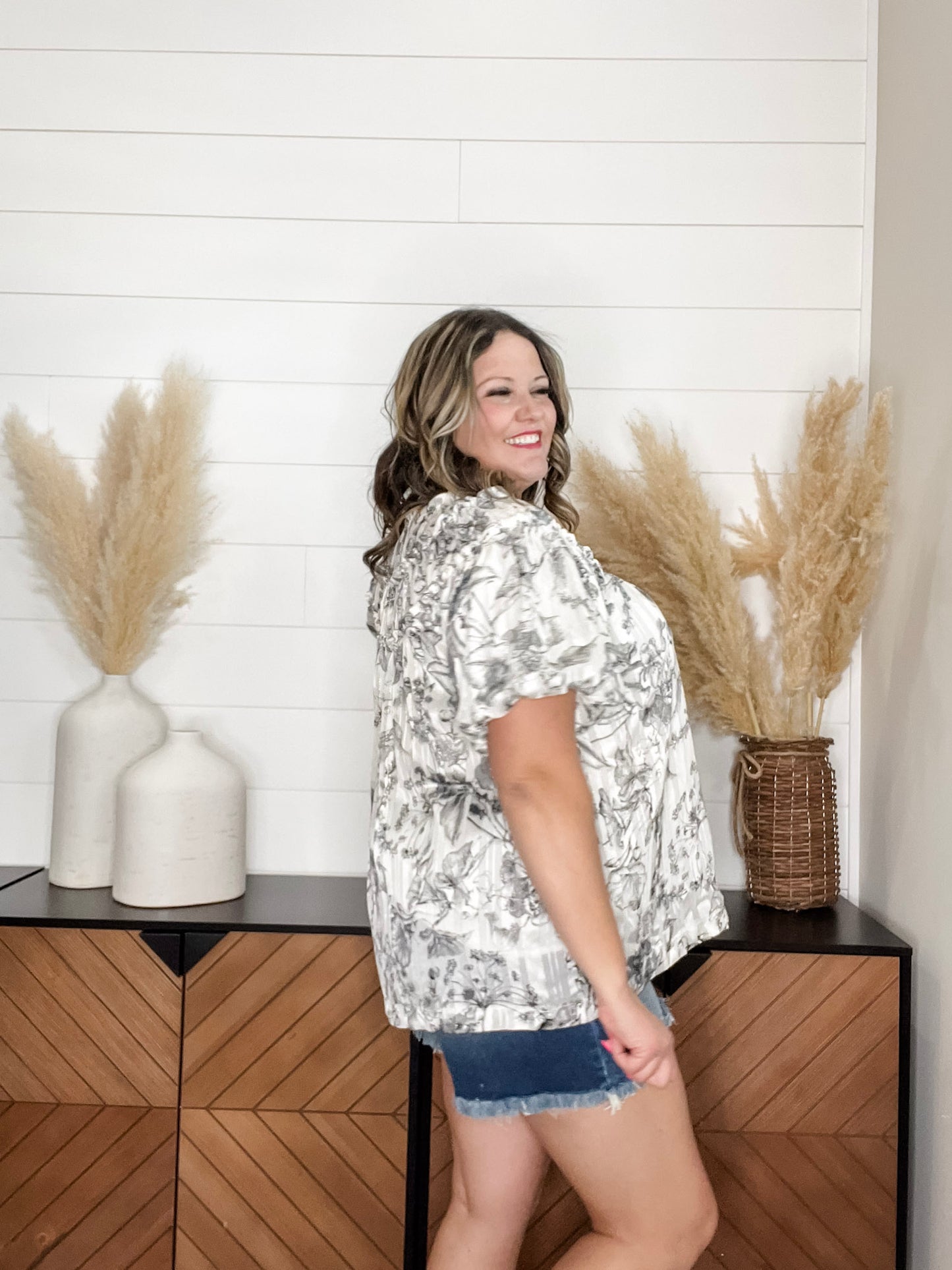 "Touch Of Sass" Bubble Short Sleeve Split Neck