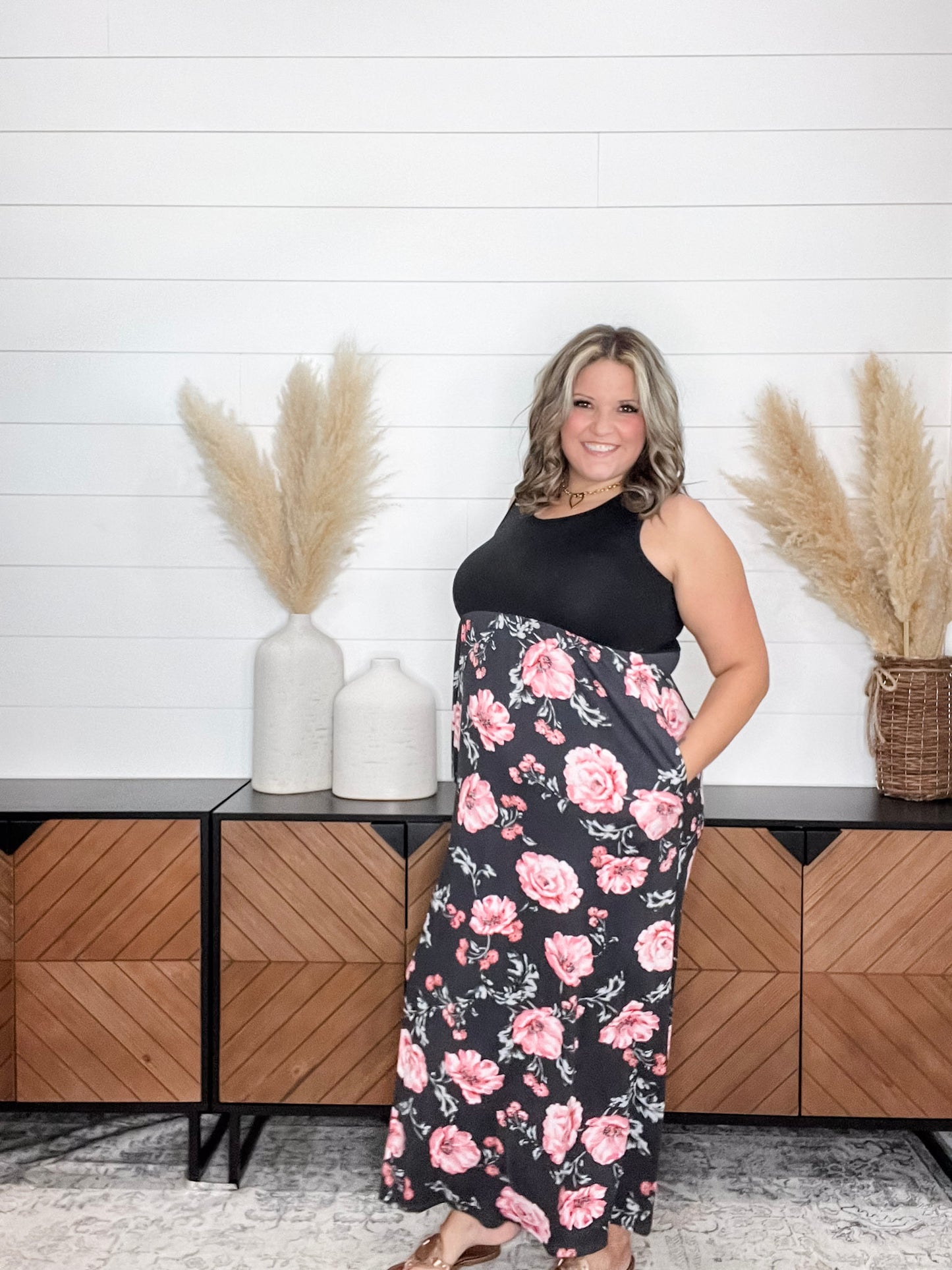 Floral Skirt Tank Maxi Dress with Pockets