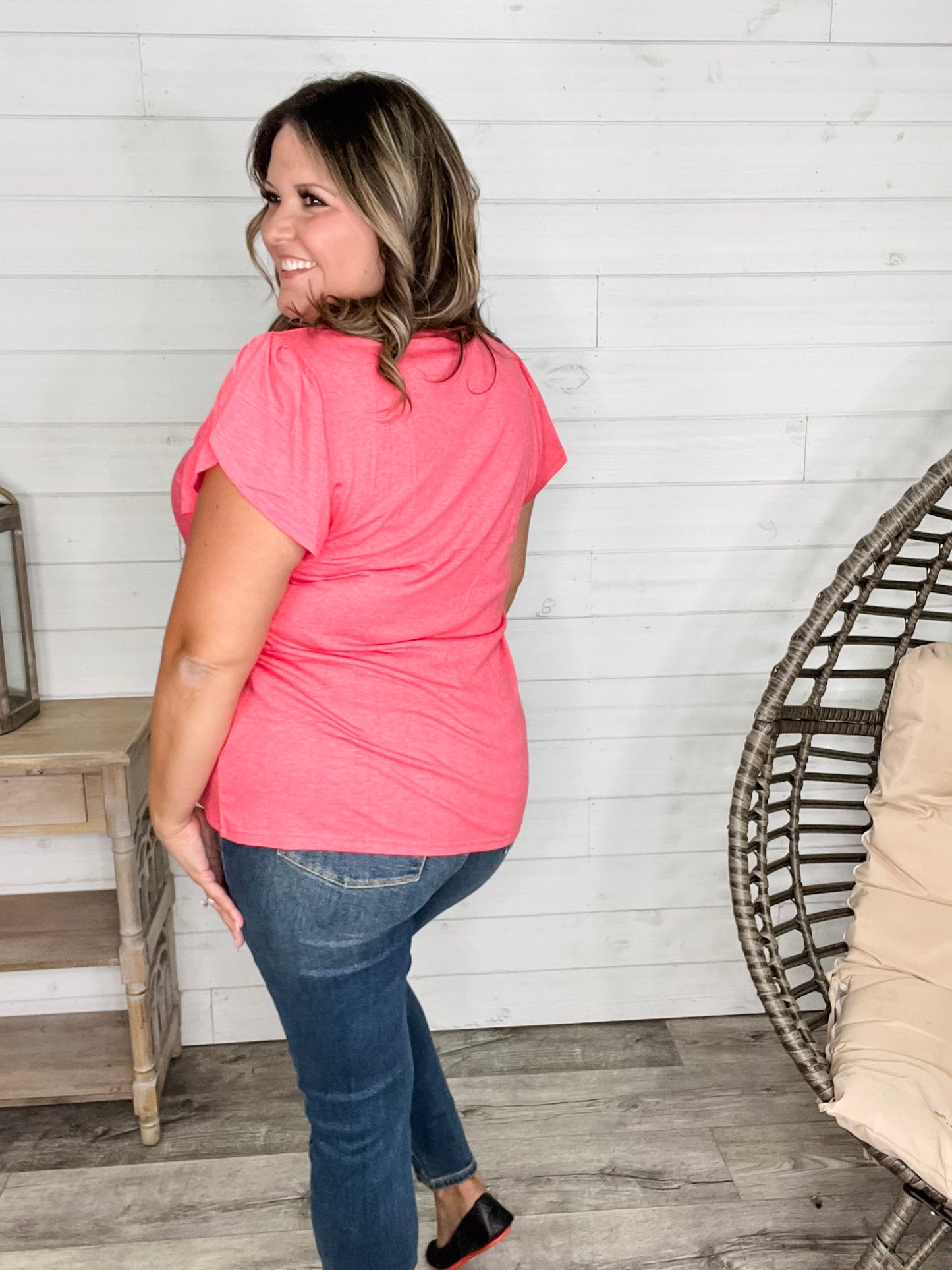 "Just The Beginning Chapter Two" Solid Tulip Sleeve V Neck (Coral)