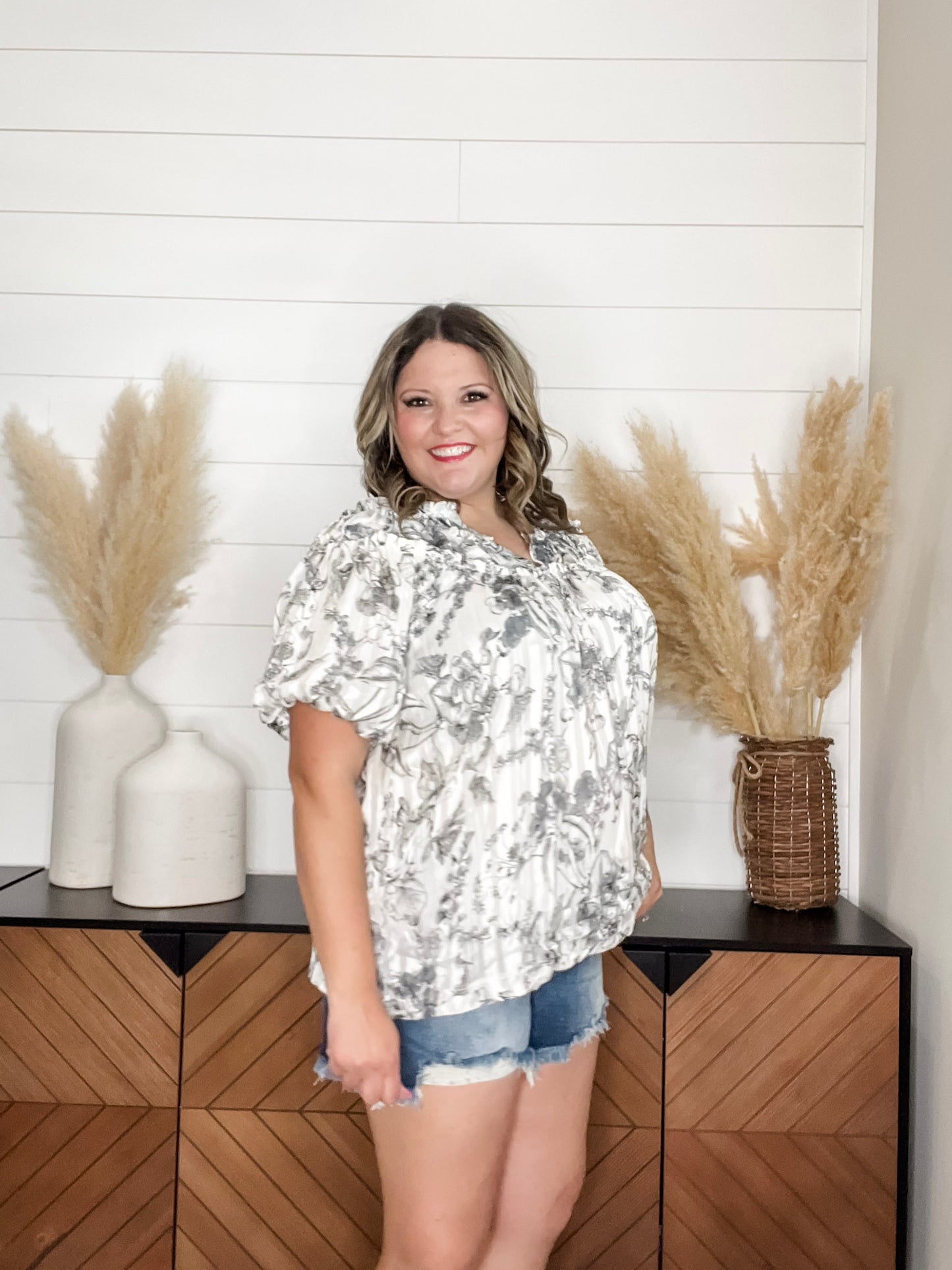 "Touch Of Sass" Bubble Short Sleeve Split Neck