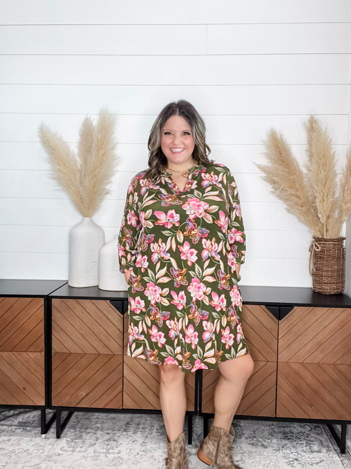 Dear Scarlett "Sodium" 3/4 Sleeve Split Neck Dress with Pockets
