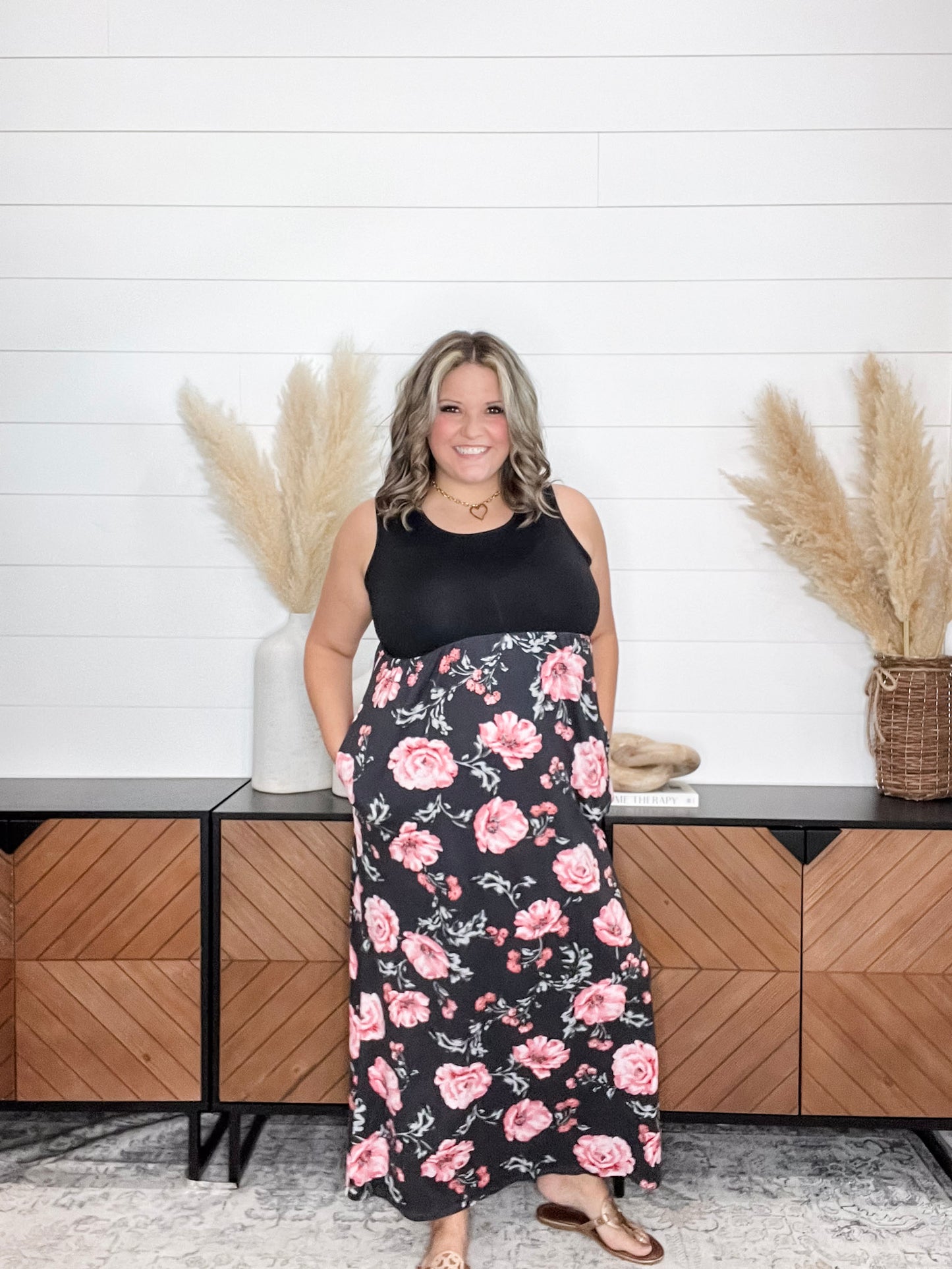 Floral Skirt Tank Maxi Dress with Pockets
