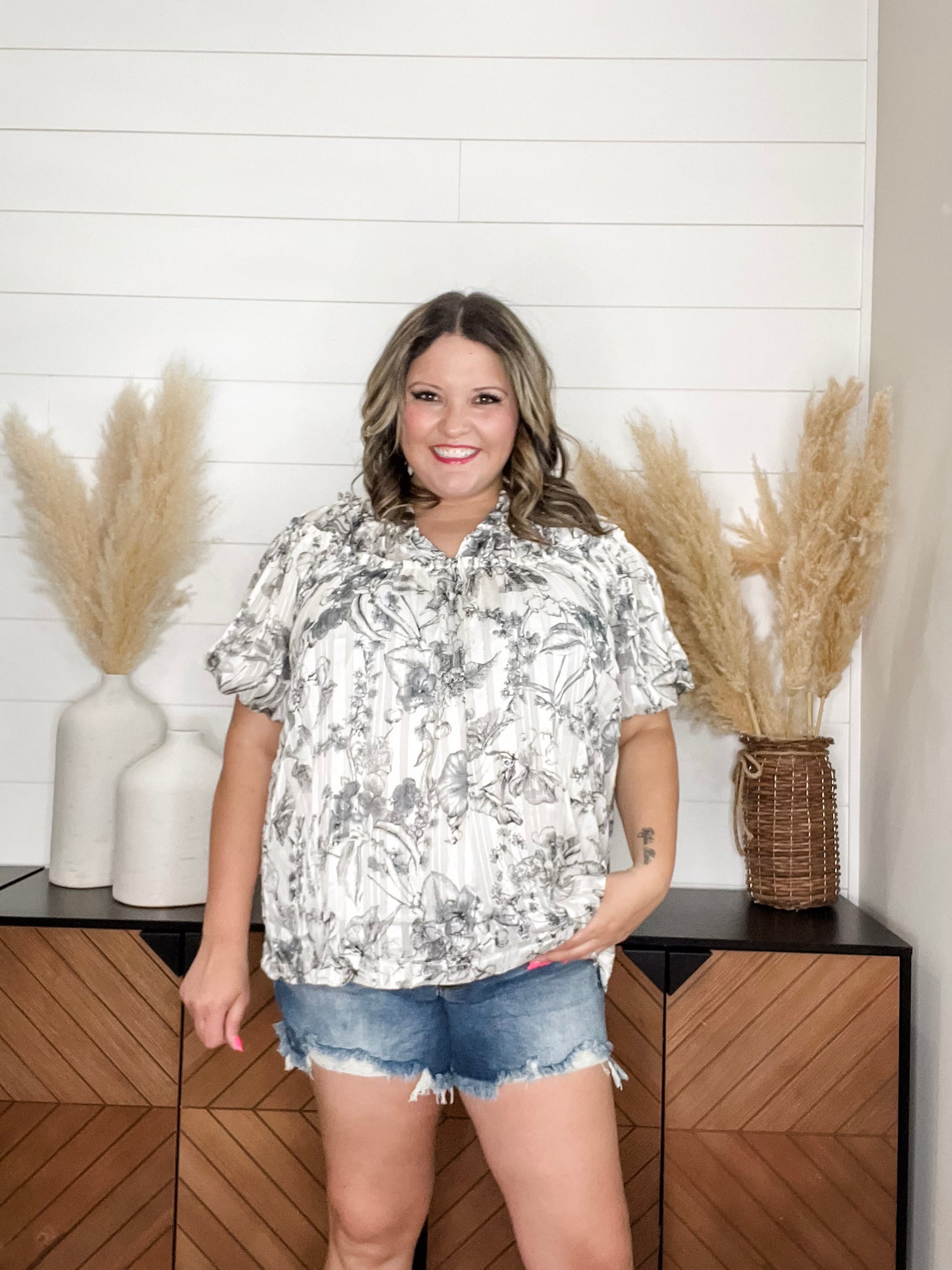 "Touch Of Sass" Bubble Short Sleeve Split Neck