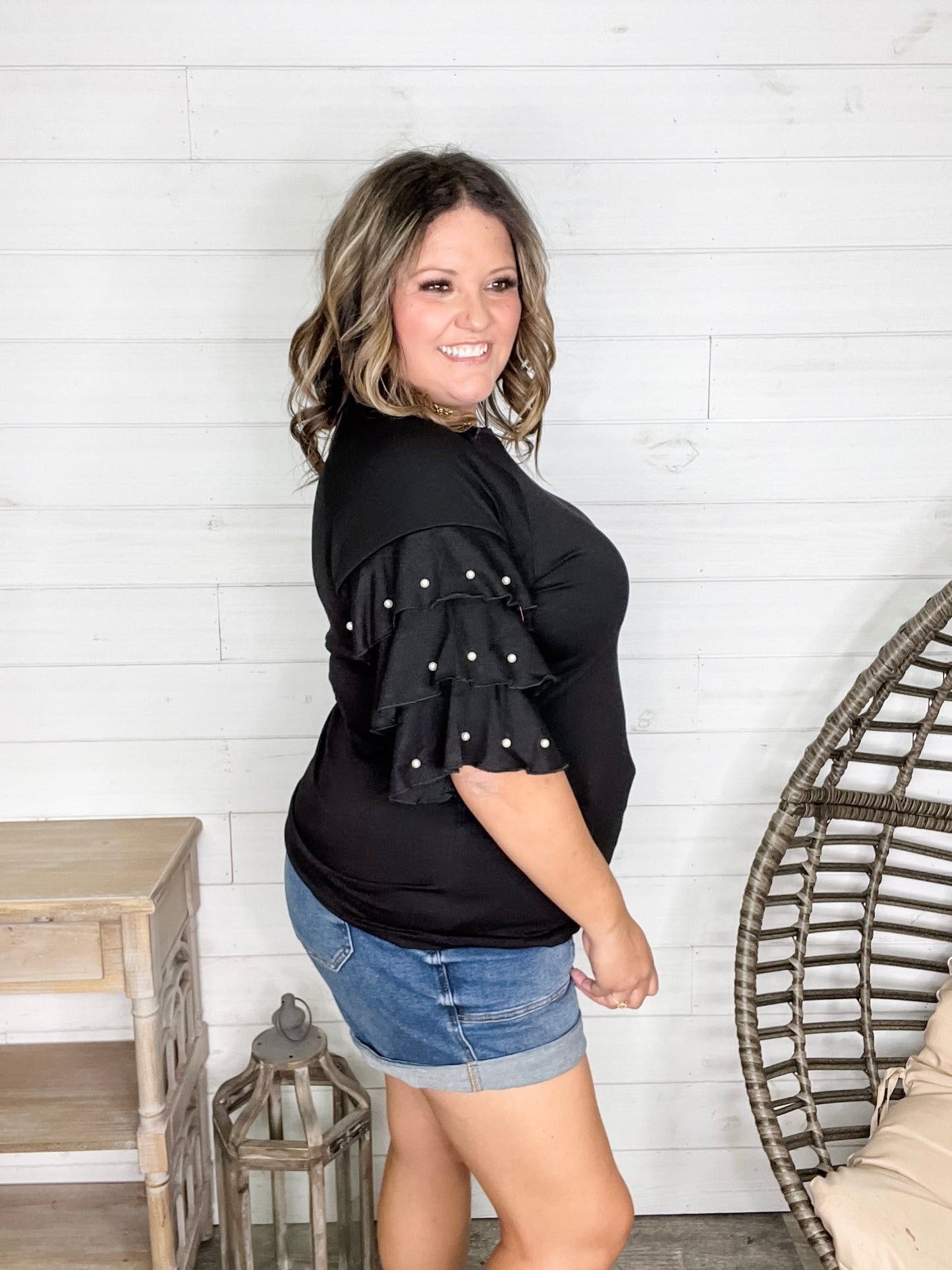 "Stay Classy" Round Neck Ruffle Tiered Sleeve with Pearl Detail