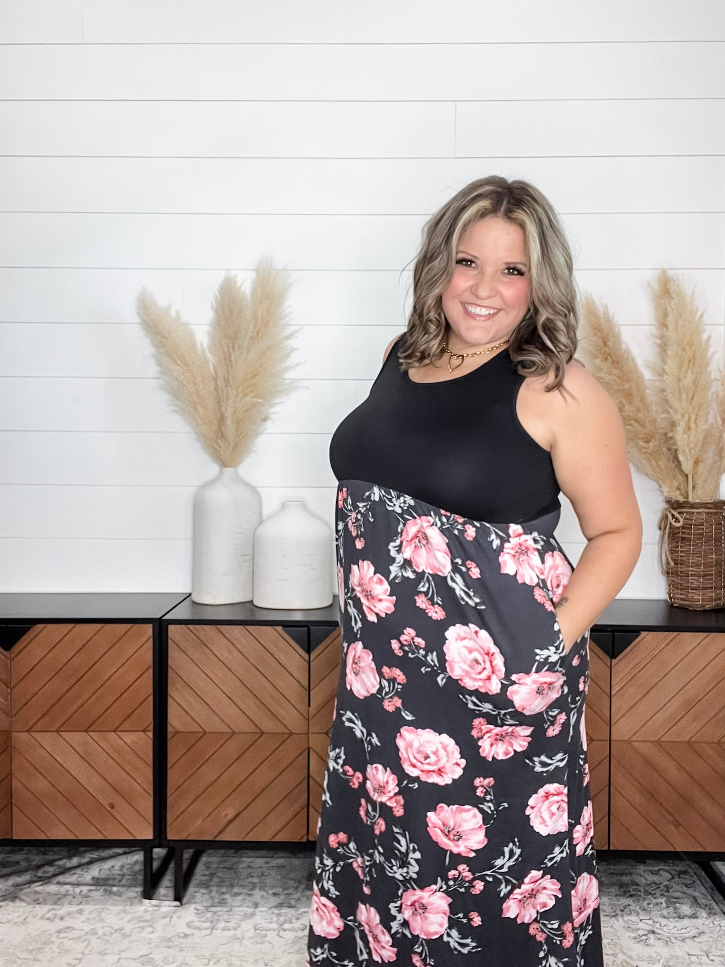 Floral Skirt Tank Maxi Dress with Pockets