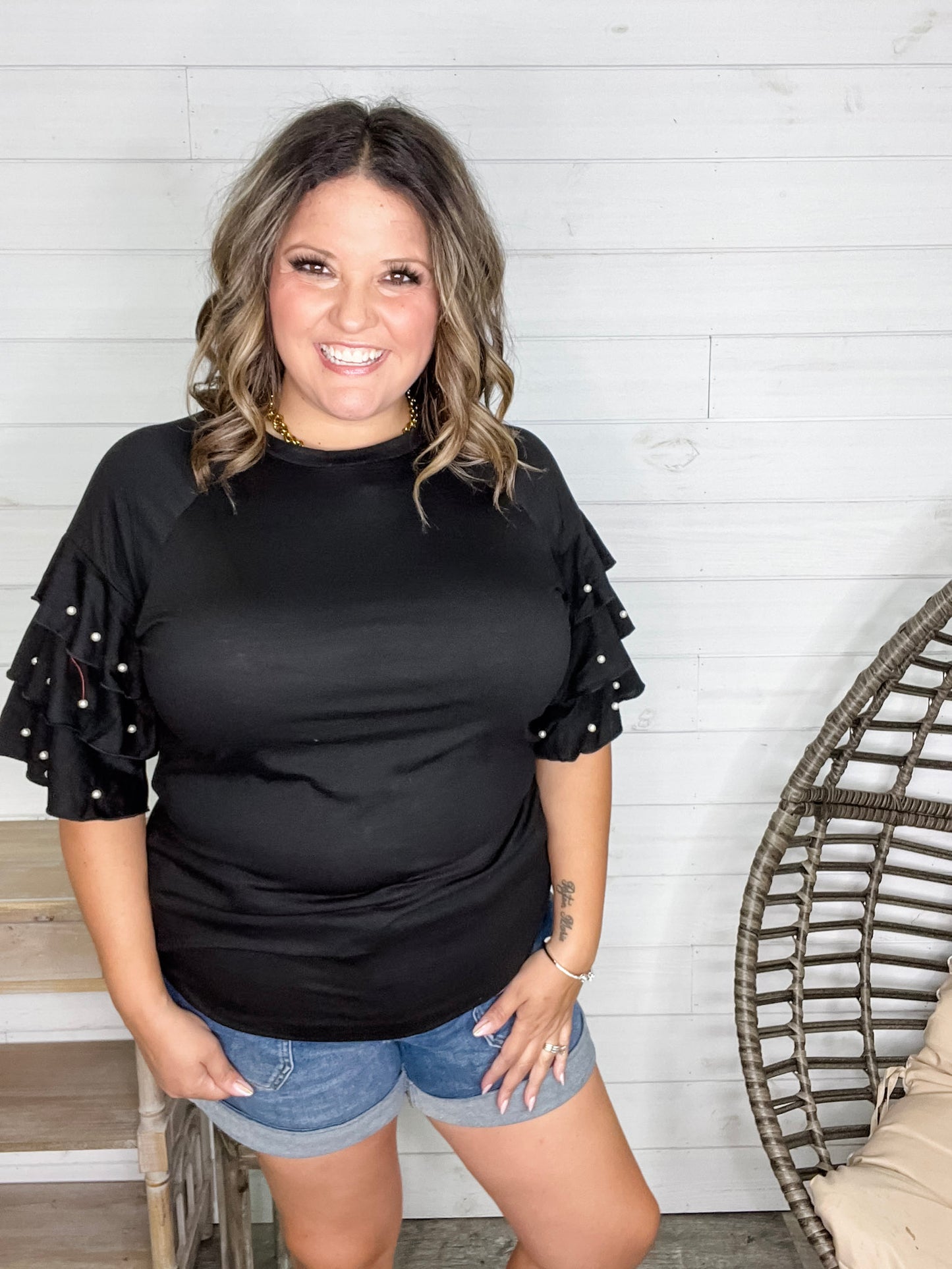 "Stay Classy" Round Neck Ruffle Tiered Sleeve with Pearl Detail