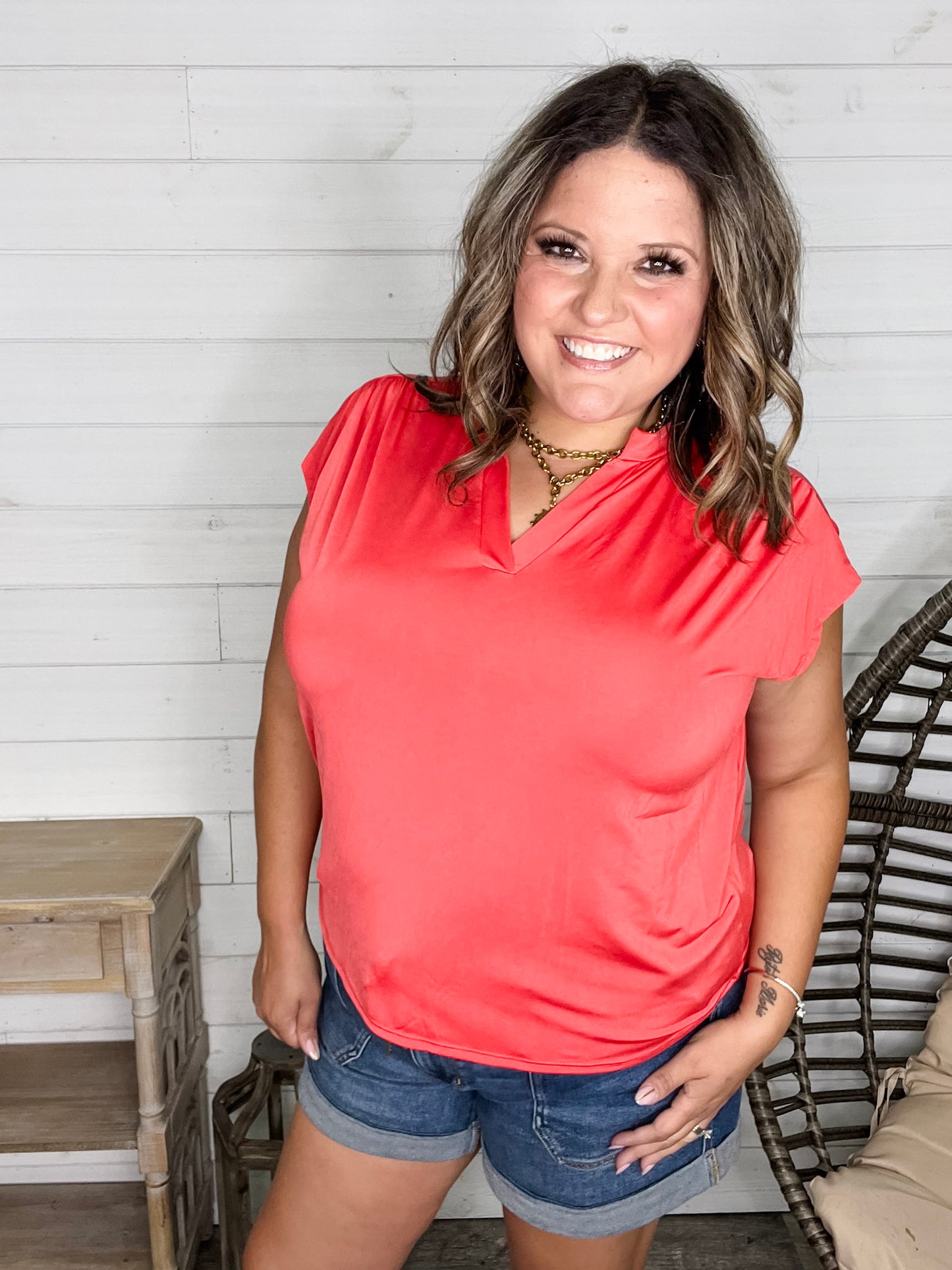 "One More Thing" Sleeveless Split Neck (Tomato)