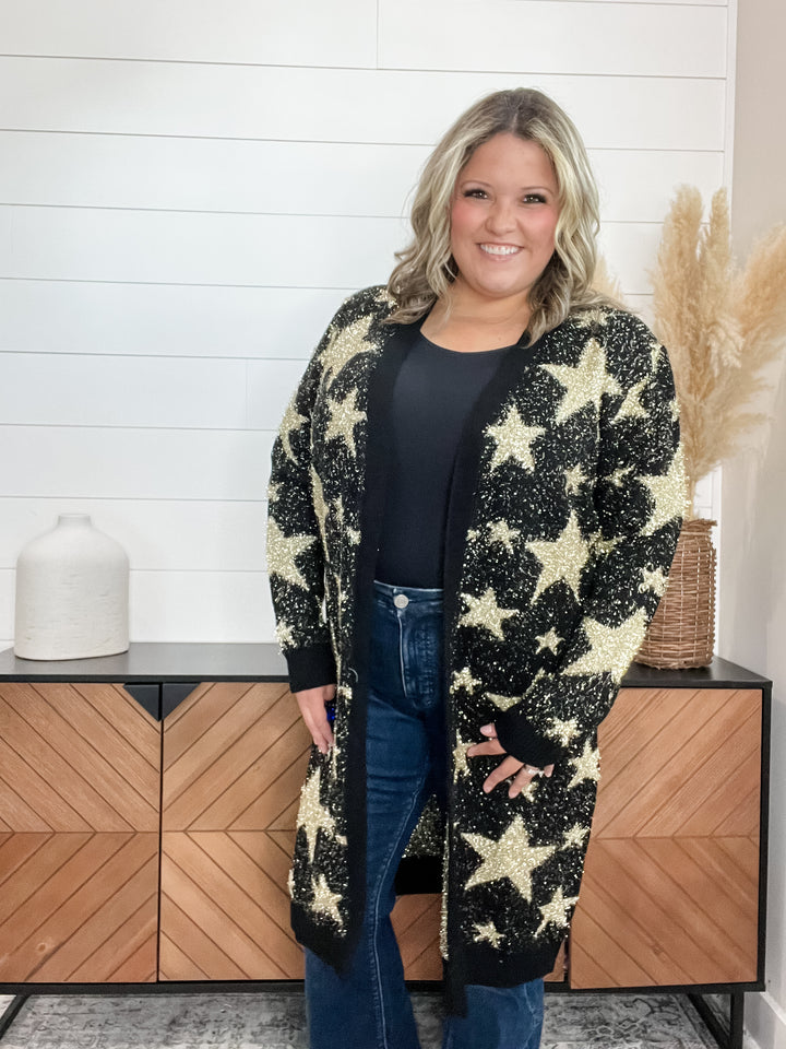 Black & Gold Star Print Thick Cardigan