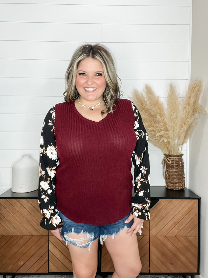 "Grateful" Ribbed Body Long Sleeve V Neck