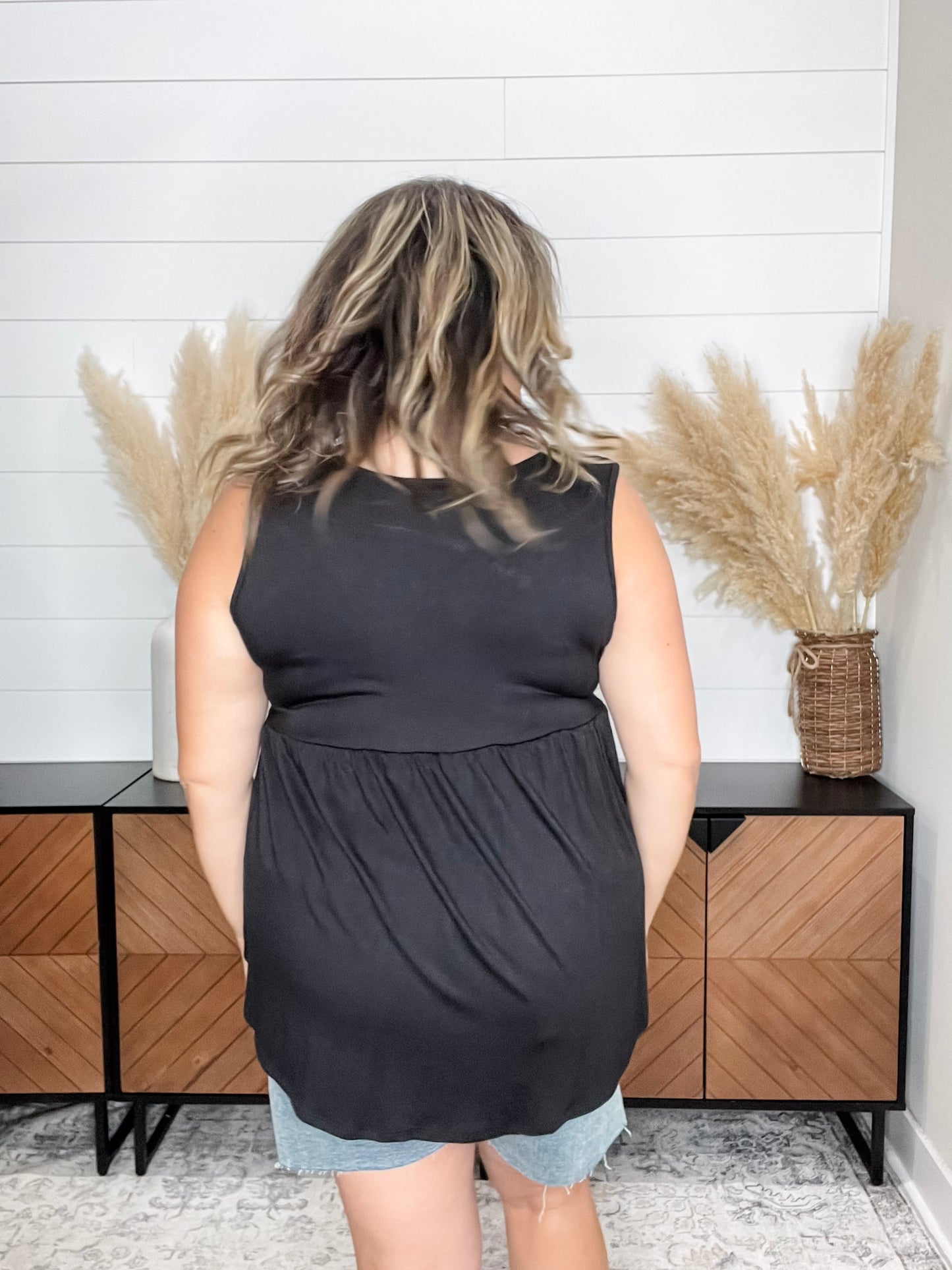 "Lottie" Babydoll V Neck Tank Top (Black)