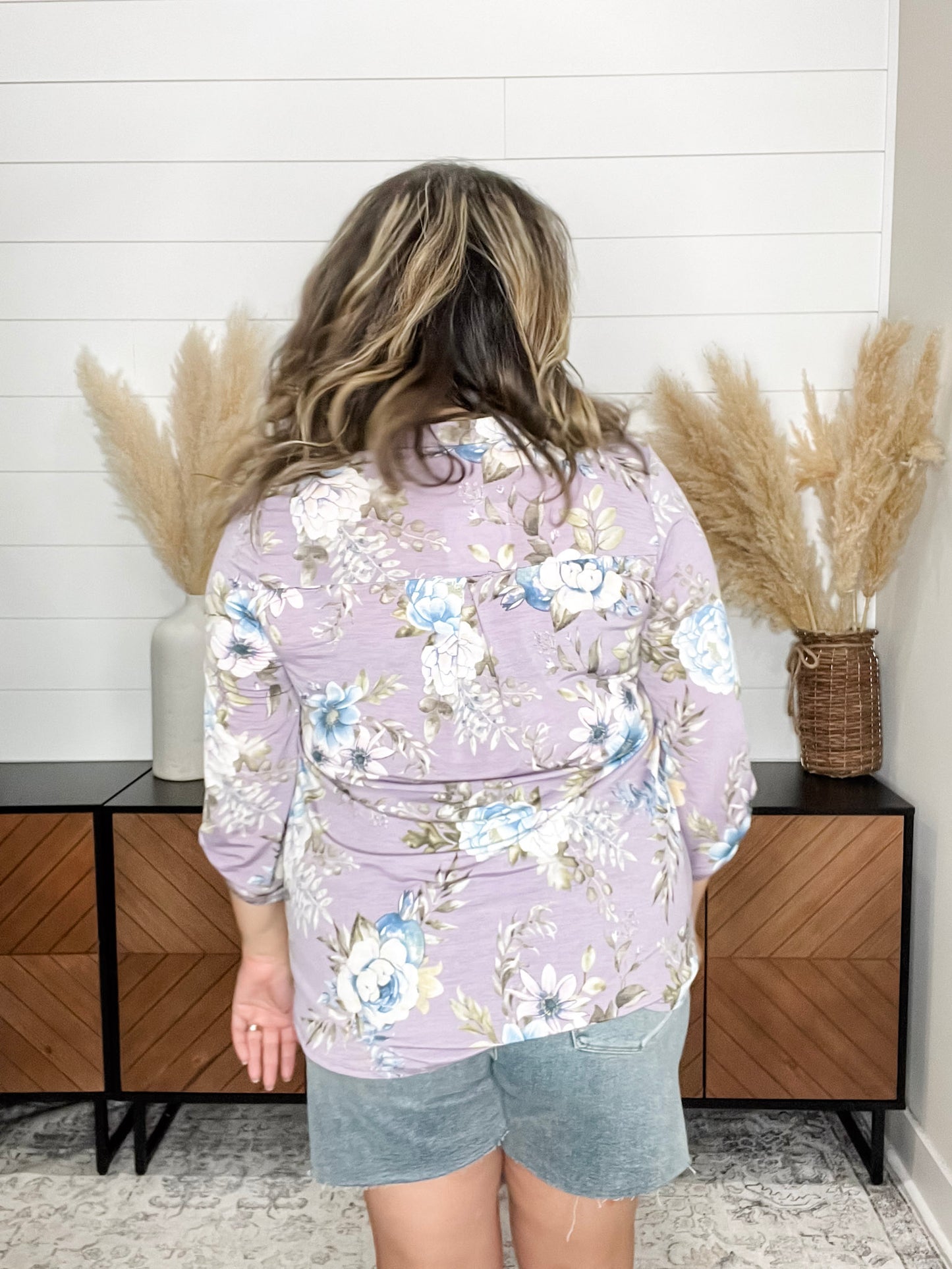 "Lifespan" Floral Split Neck Lizzy 3/4 Sleeve Split Neck (Lavender)