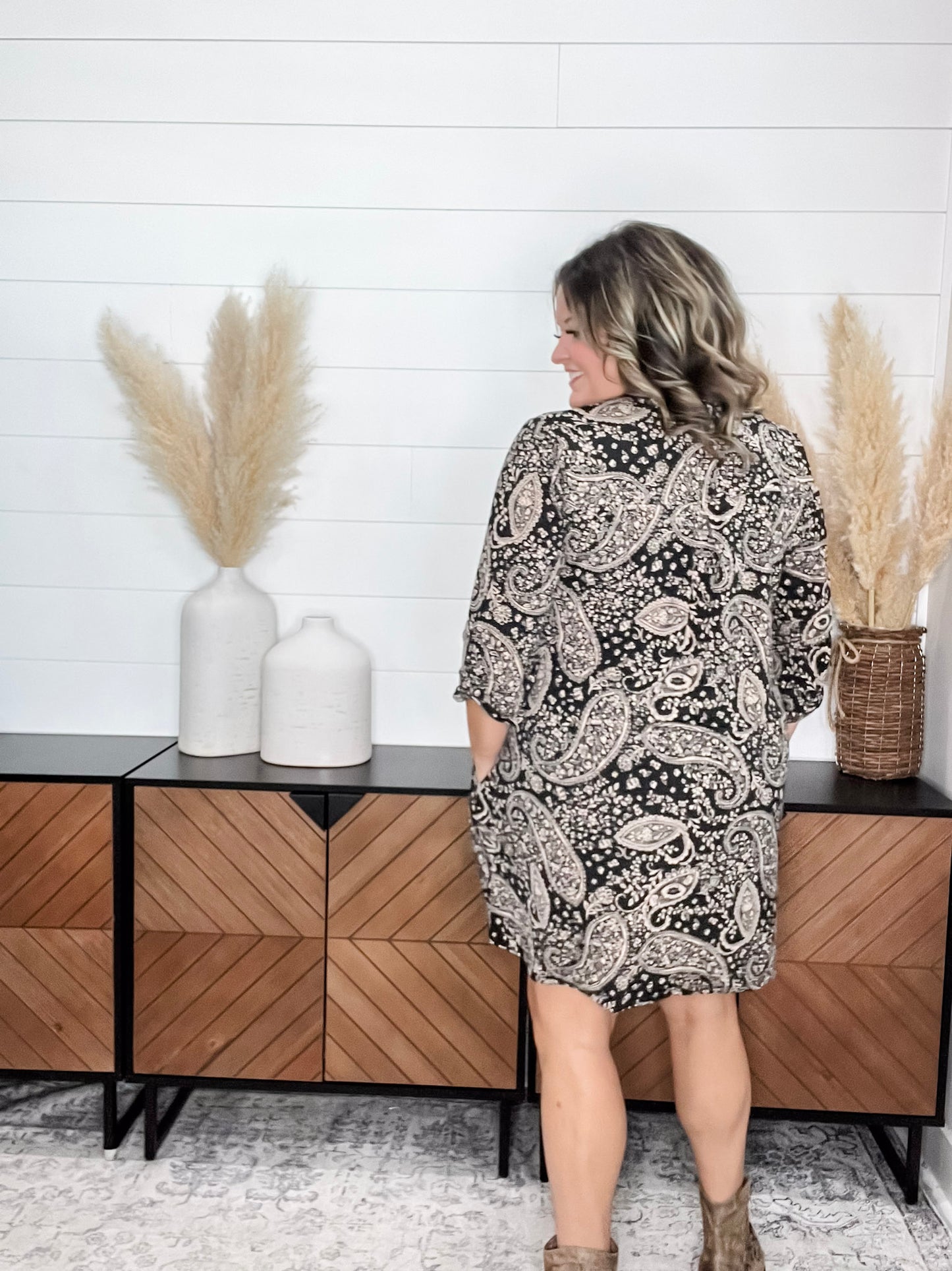 Dear Scarlett "Lithium" 3/4 Sleeve Split Neck Dress with Pockets