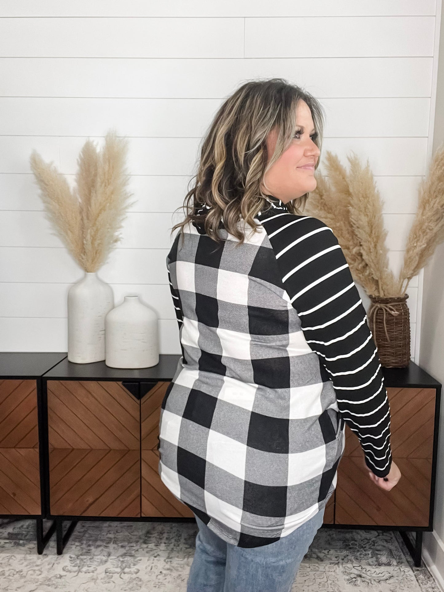 "Crystal" Light Weight Hoodie with Stripe Sleeve (Black & White Plaid)