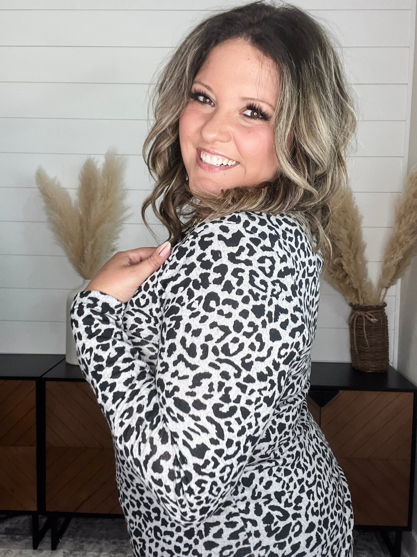 "Dixie" Animal Print Long Sleeve with Criss Cross Design (Grey)
