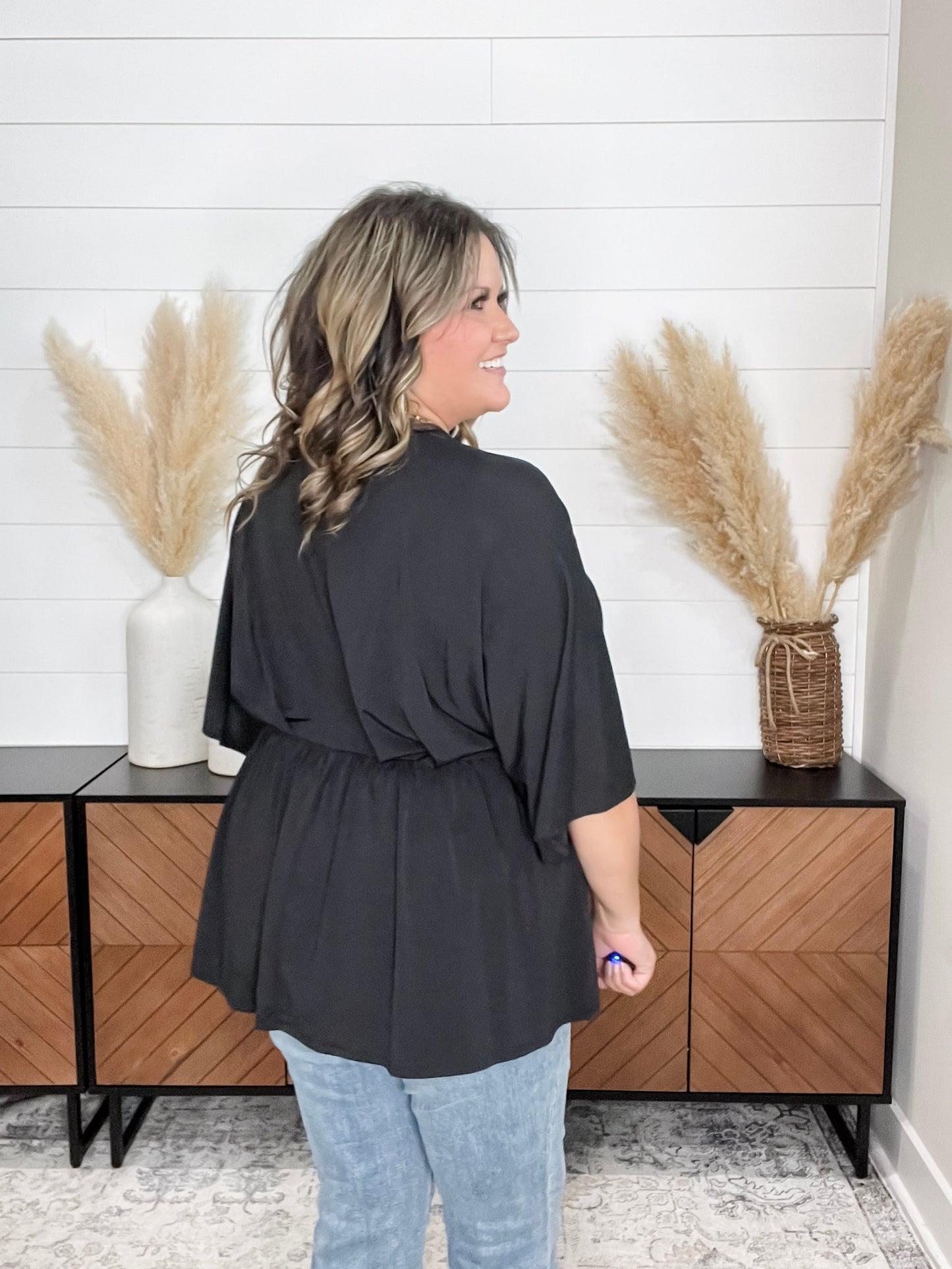 "Here We Go Again" V Neck 3/4 Bell Sleeve (Black)