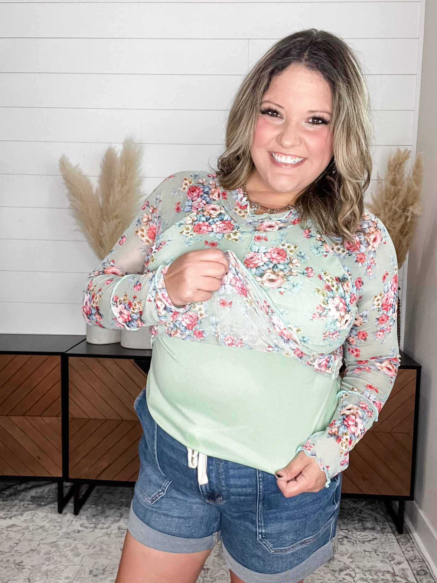"Disengaged" Long Sleeve Shear Mock Neck (Sage)