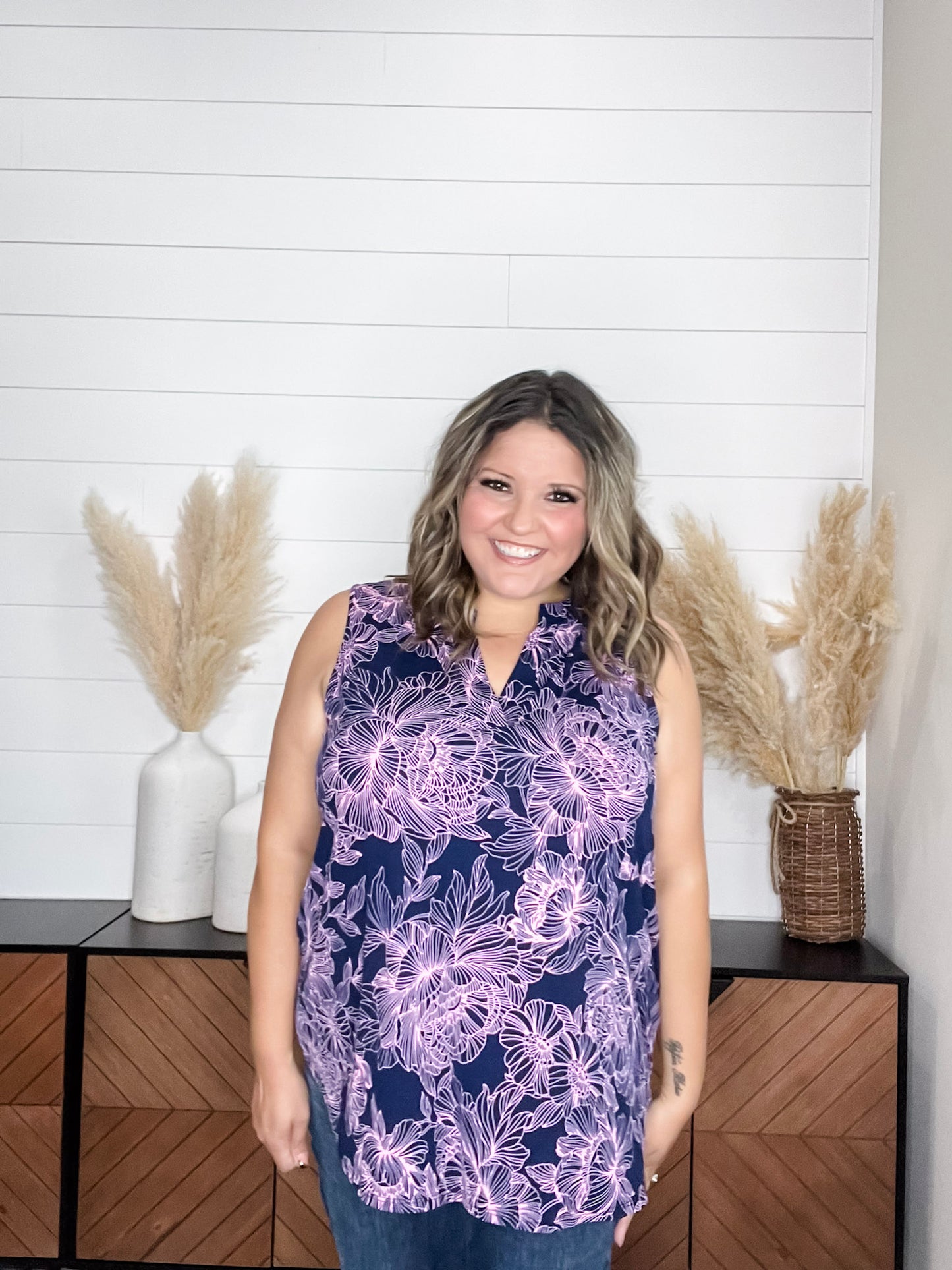 "Aquarius" Floral Sleeveless Split Neck