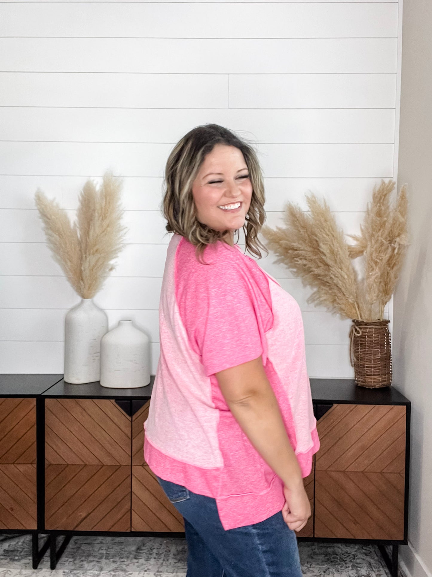 "Dunnigan" Oversized Short Sleeve with Button Front Detail (Pink)