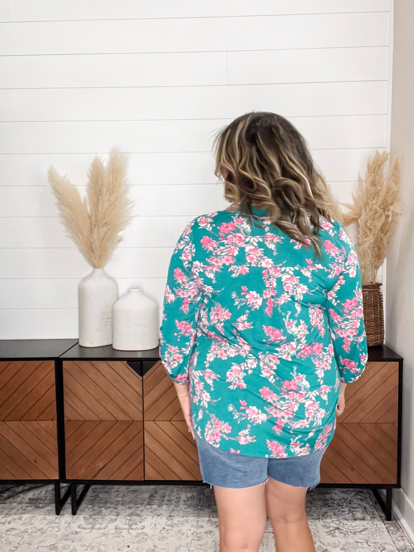 "Deception" Floral Lizzy 3/4 Sleeve Split Neck