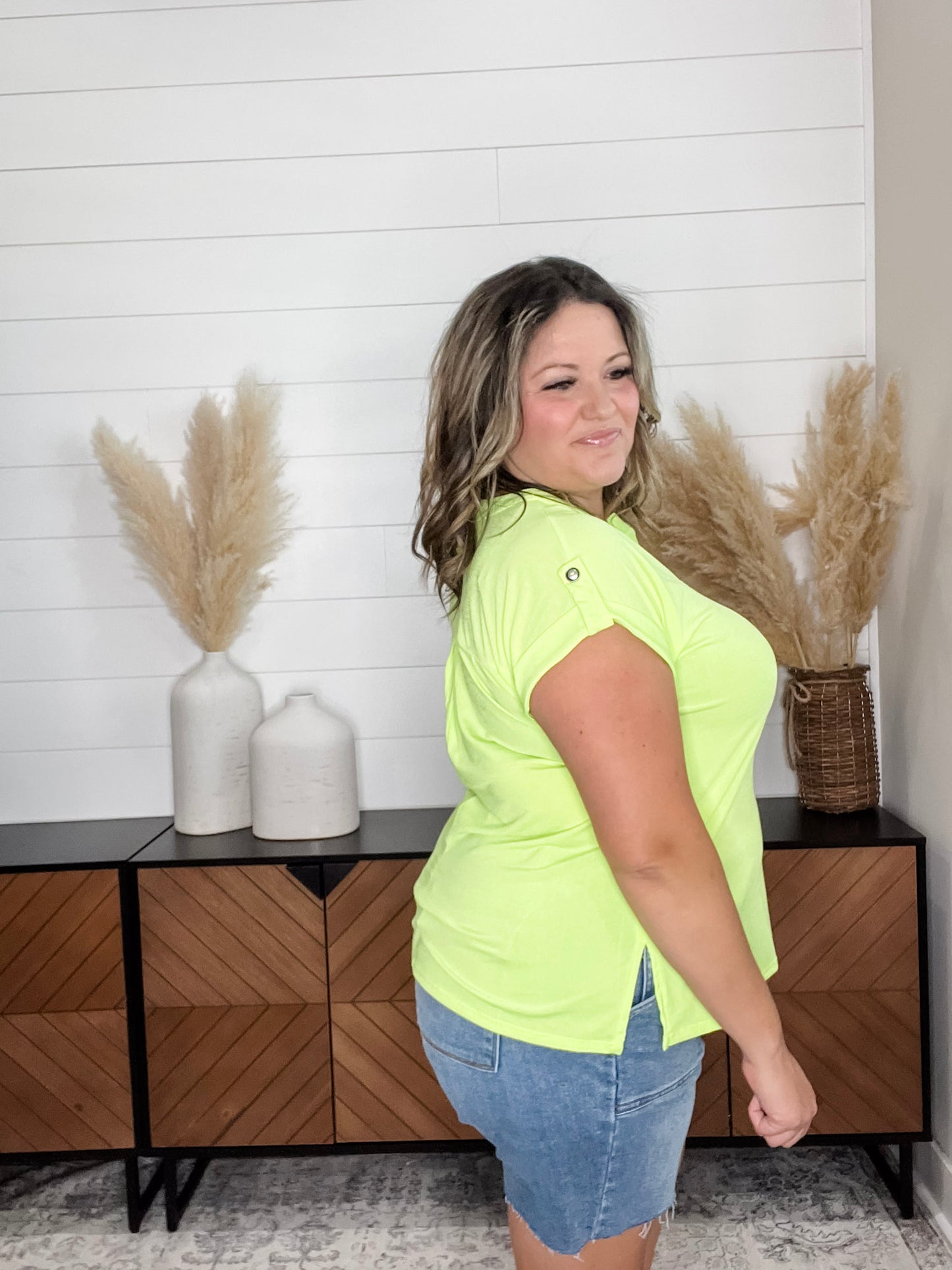 "Dare" Solid Split Neck Cuffed Short Sleeve (Neon Green)
