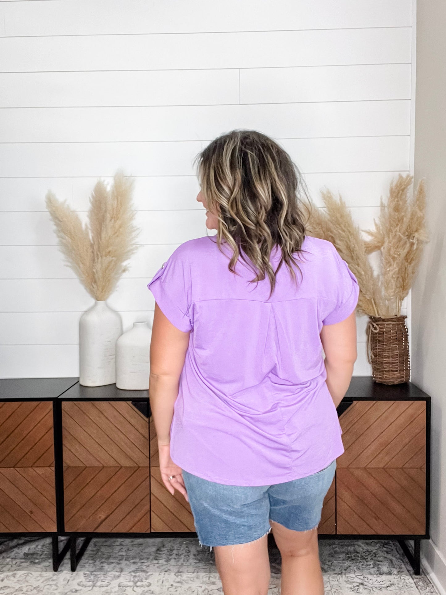 "Dare" Solid Split Neck Cuffed Short Sleeve (Lavender)