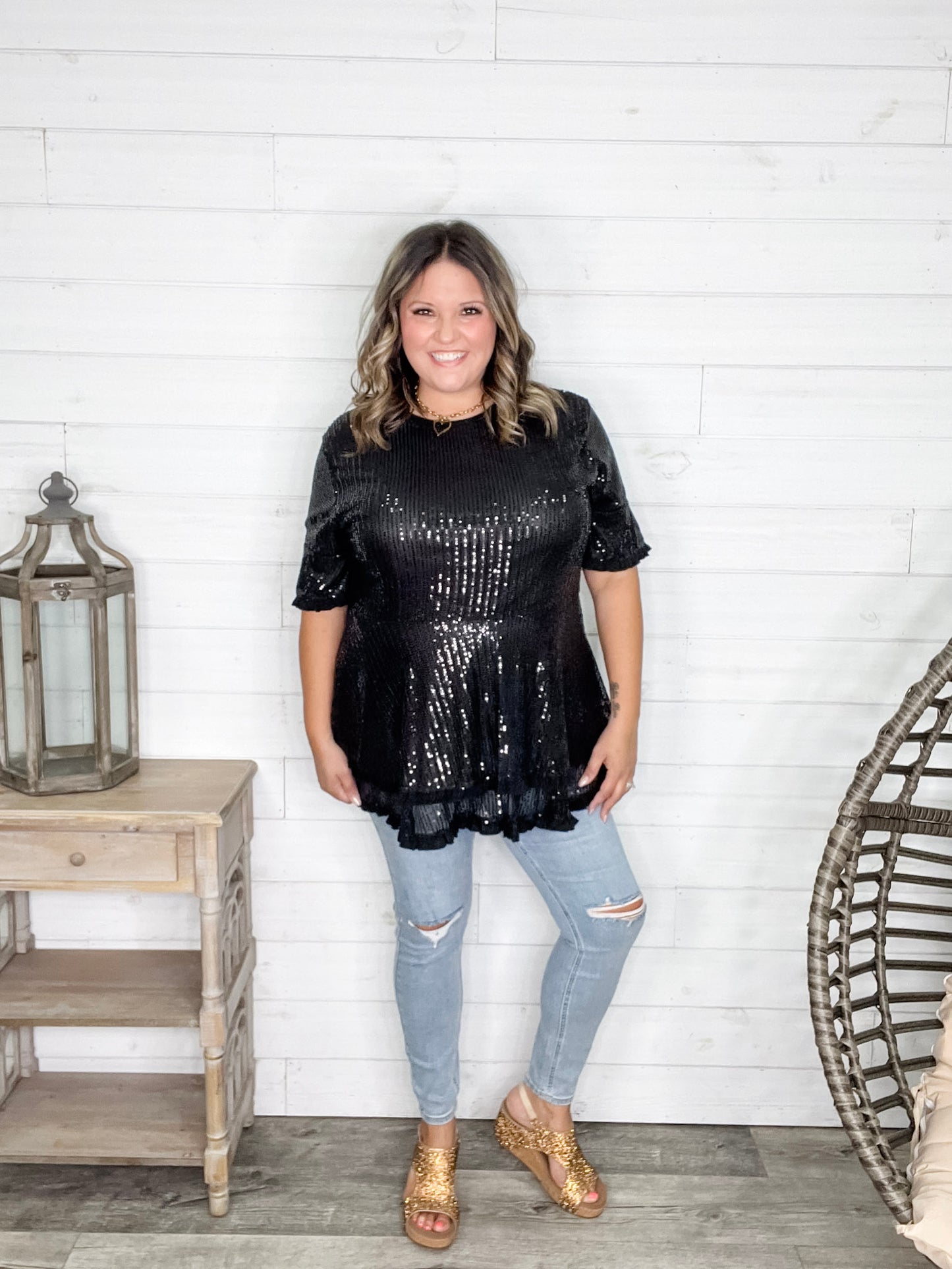 "Caught A Glimpse" Sequined Ruffle Hem and Sleeve (Black)