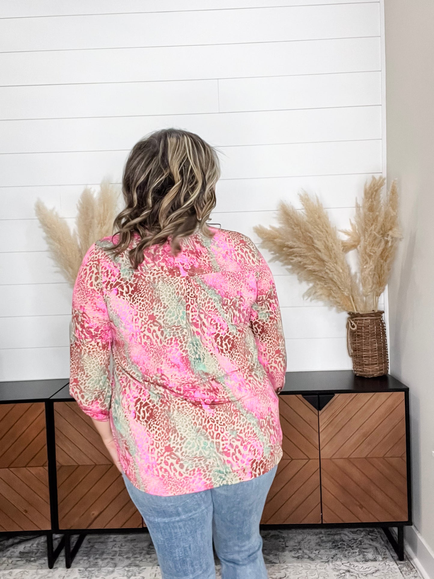 "East" Animal Print Lizzy 3/4 Sleeve Split Neck