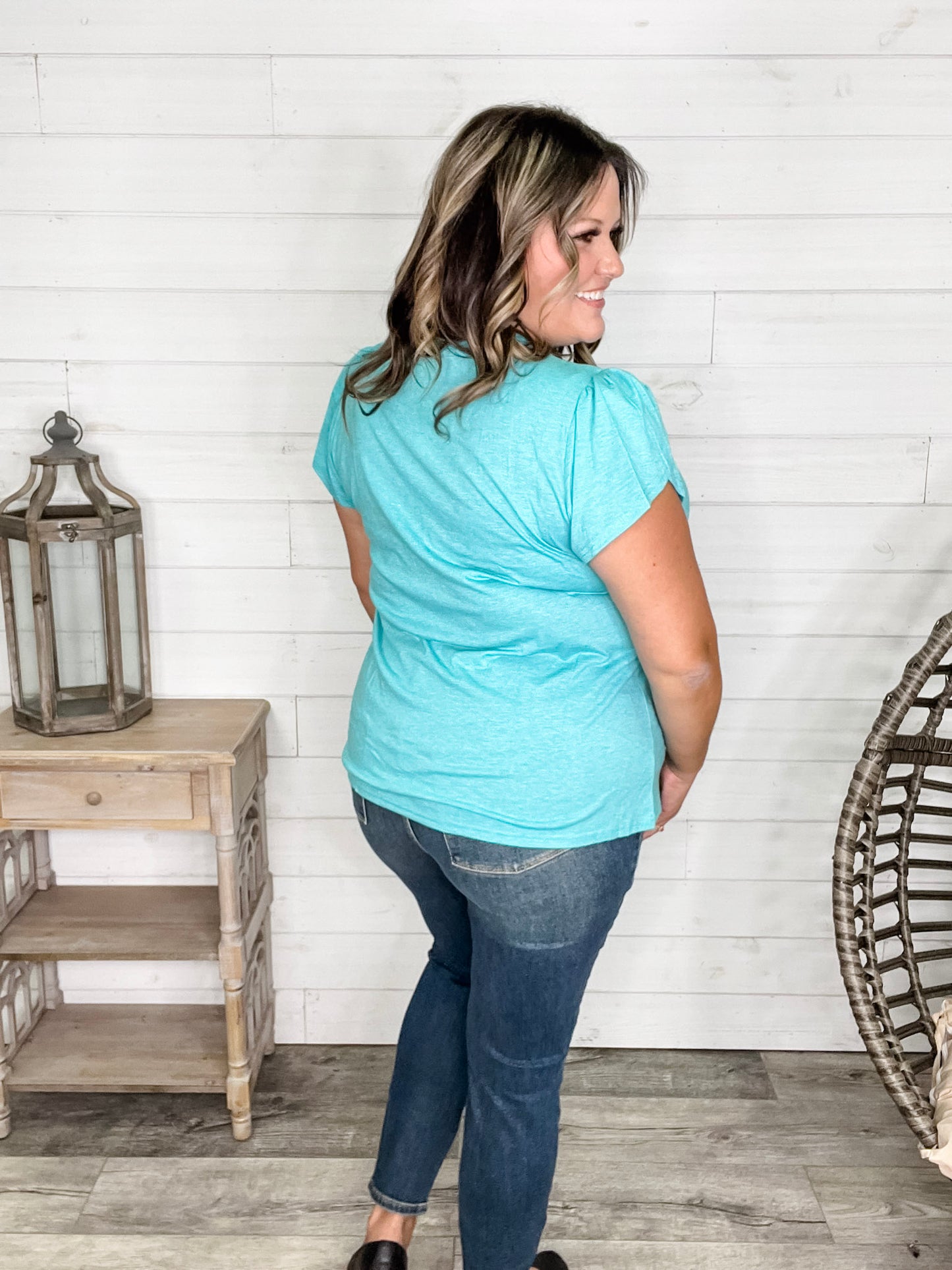 "Just The Beginning Chapter Two" Solid Tulip Sleeve V Neck (Turquoise)