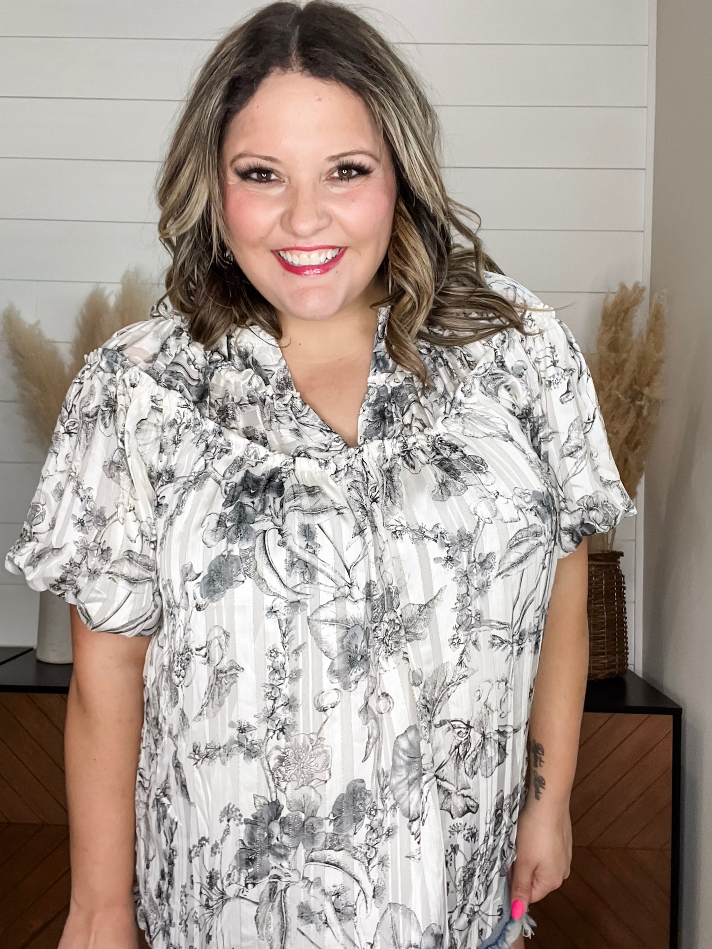 "Touch Of Sass" Bubble Short Sleeve Split Neck