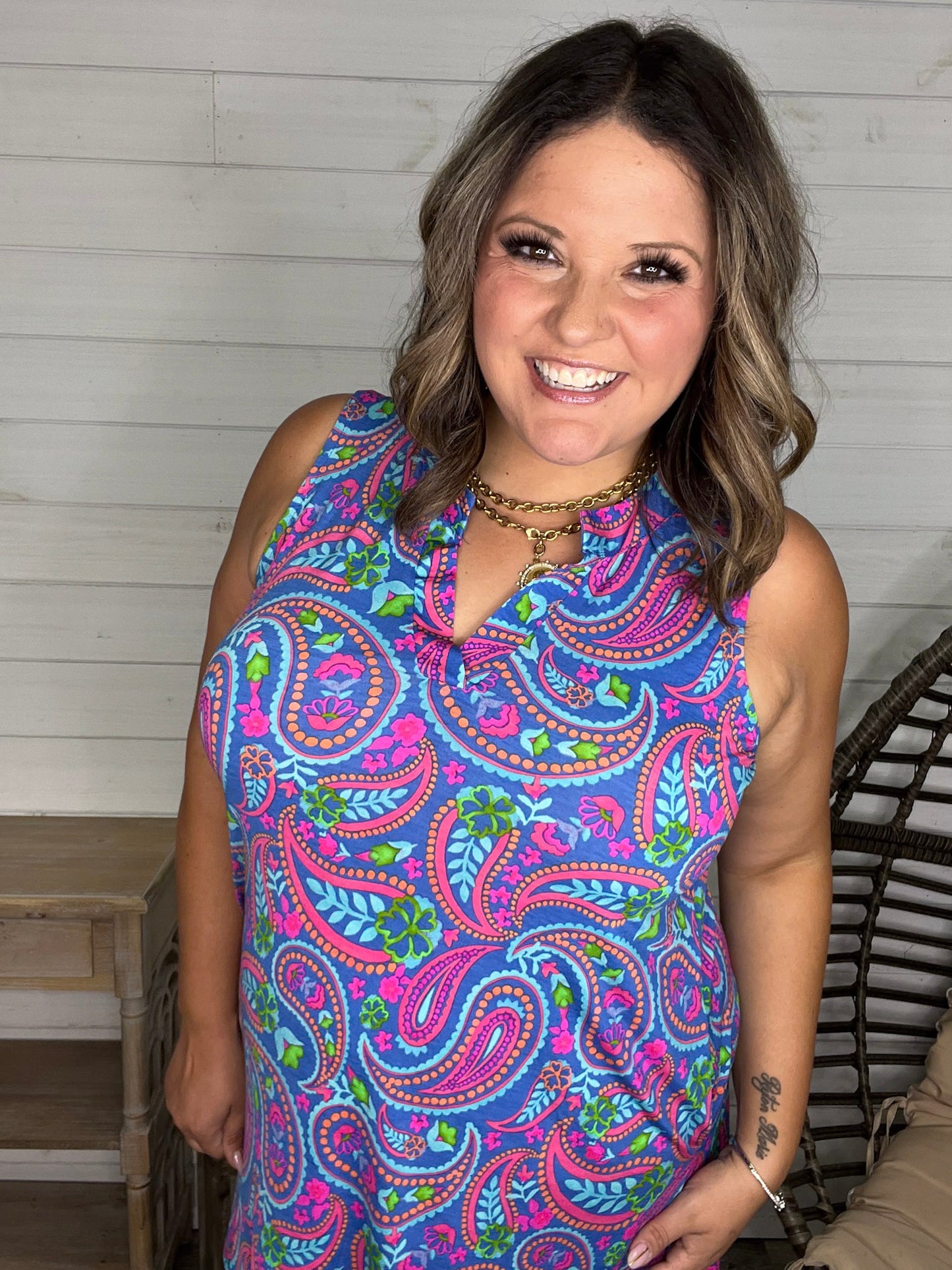 "Walleye" Sleeveless Split Neck Dress with Pockets