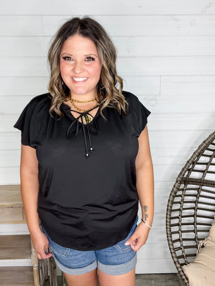 "Day to Night" Dolman with Ruffle Collar Front Tie Detail (Black)