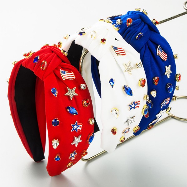 Americana Knotted Headband Featuring Rhinestones and Enamel American Flags