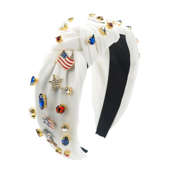 Americana Knotted Headband Featuring Rhinestones and Enamel American Flags