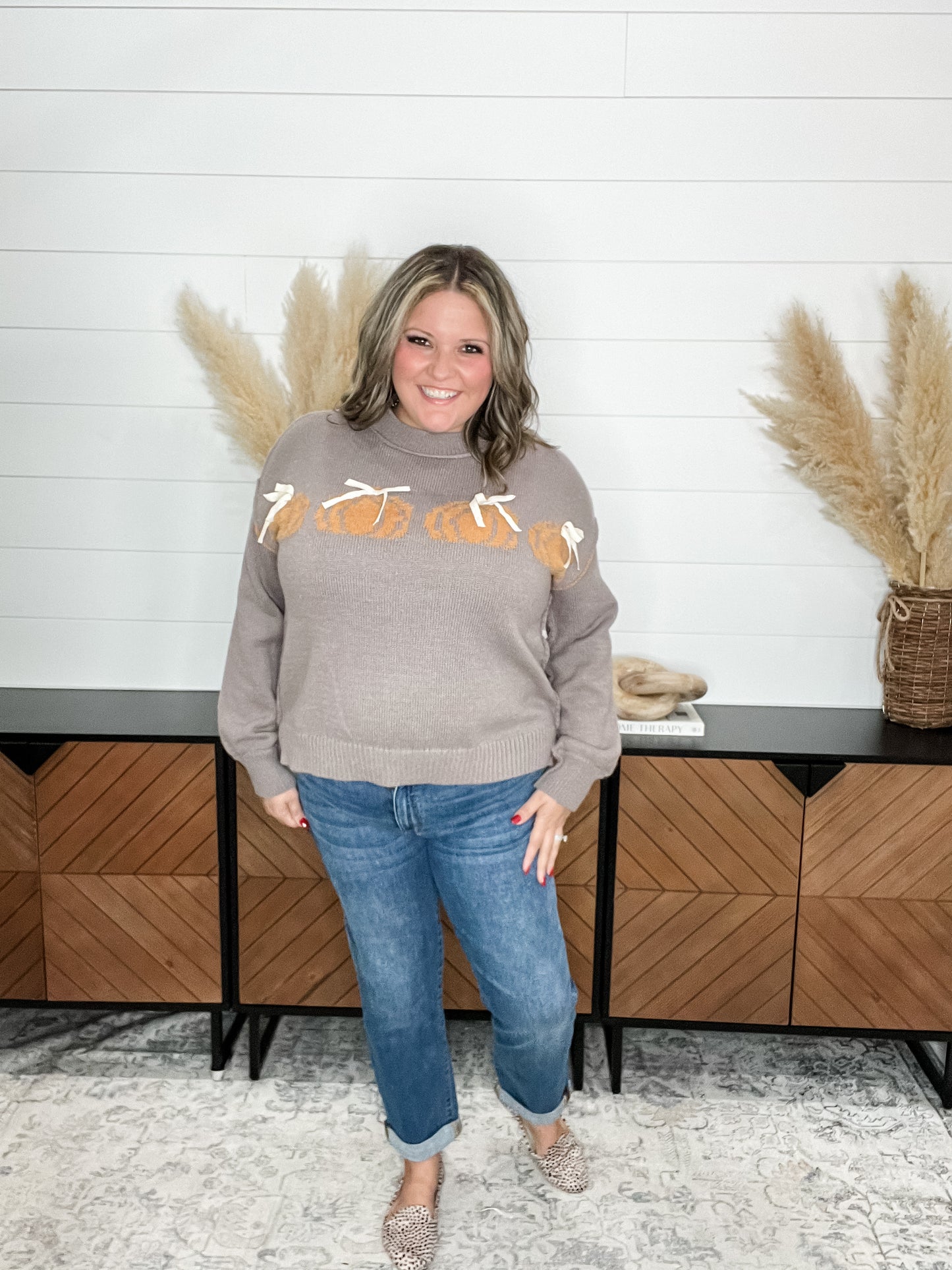Pumpkins and Lace Bows Long Sleeve Sweater