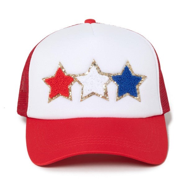 Glitter Chenille Red, White, and Blue Stars Patch Trucker Hat
