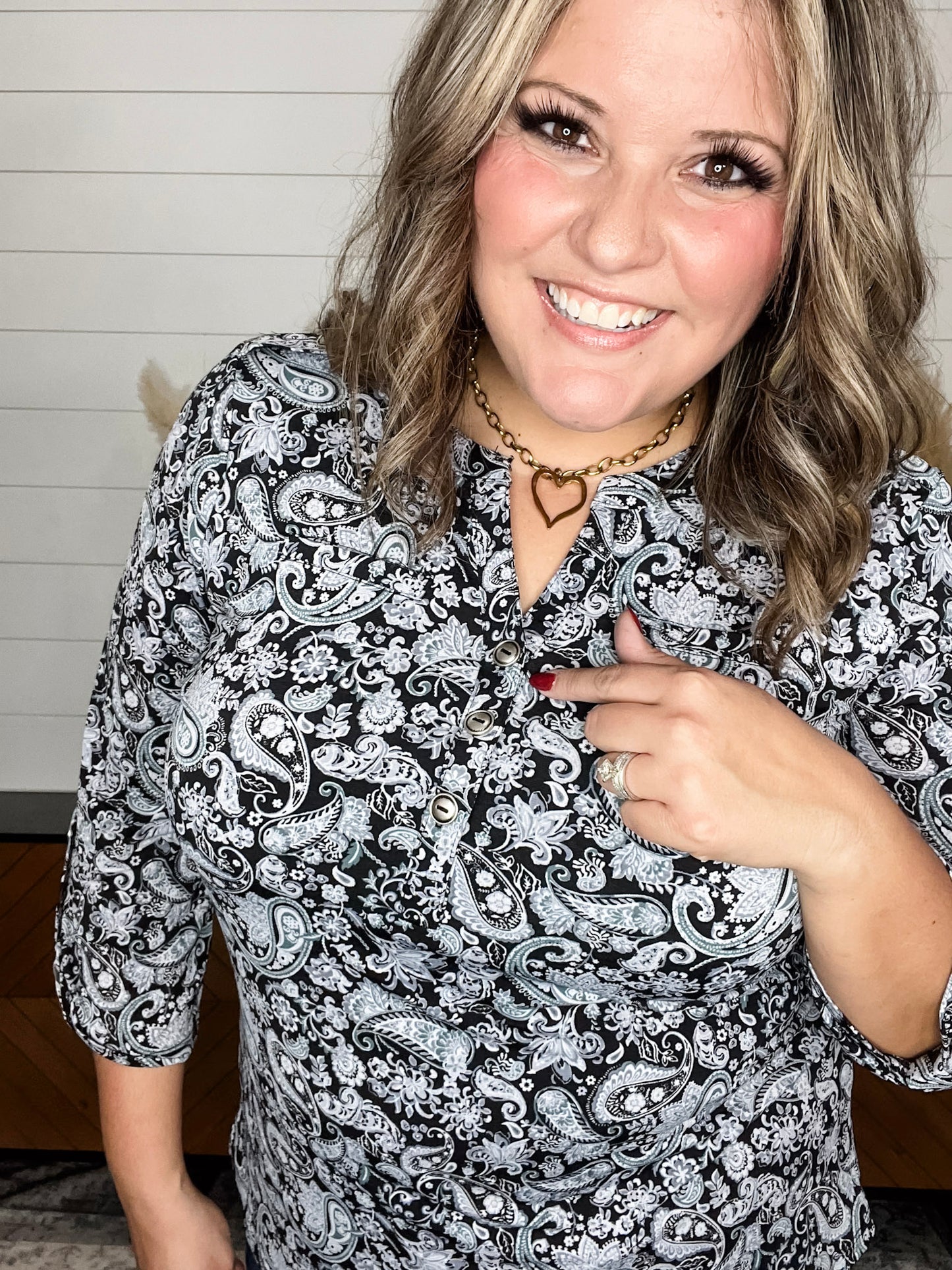 "Split Second" 3/4 Sleeve Button Front Lizzy Luxe