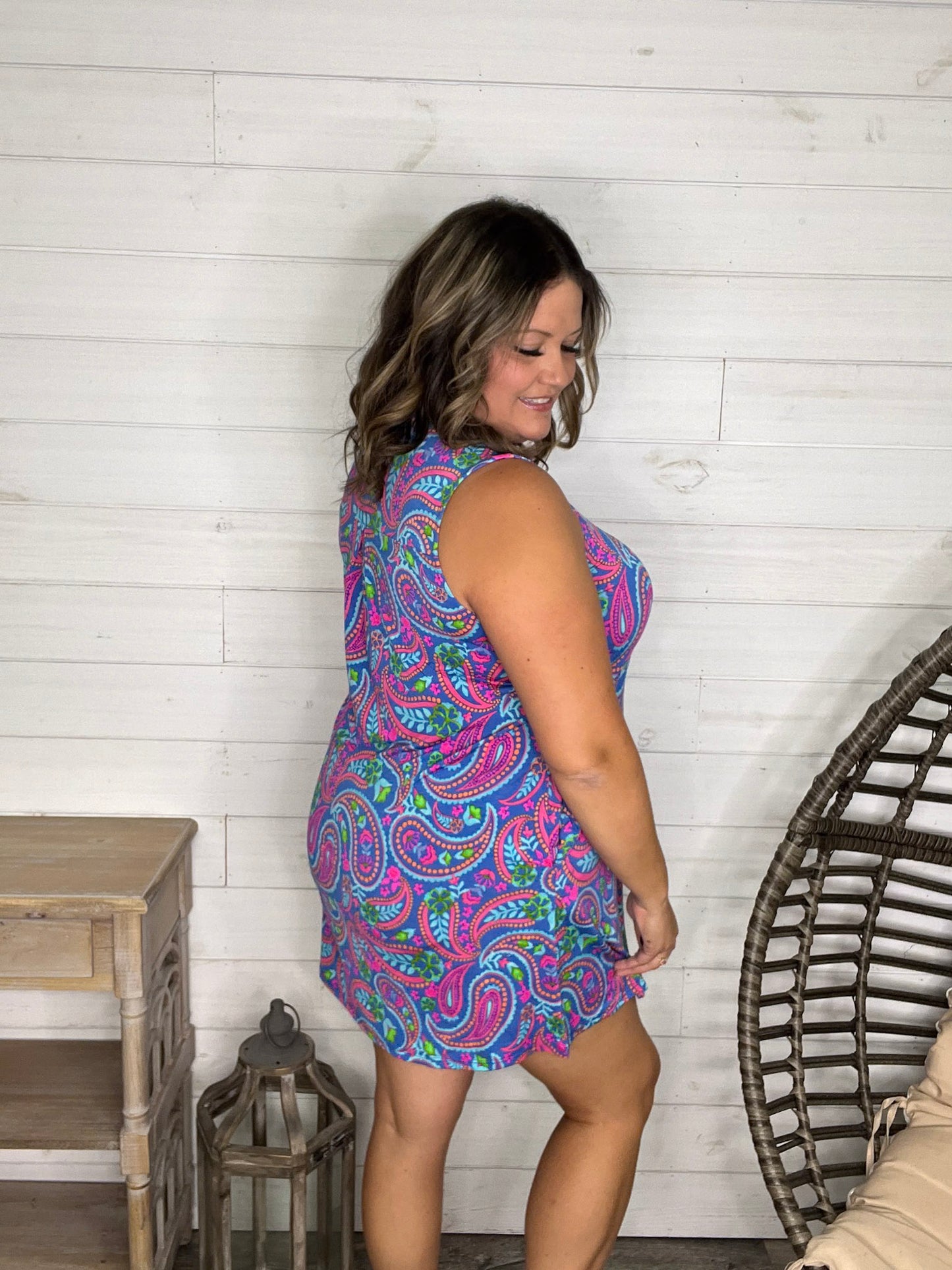 "Walleye" Sleeveless Split Neck Dress with Pockets