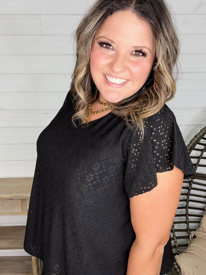 "Counting On It" Eyelet Ruffle Cap Sleeve (Black)