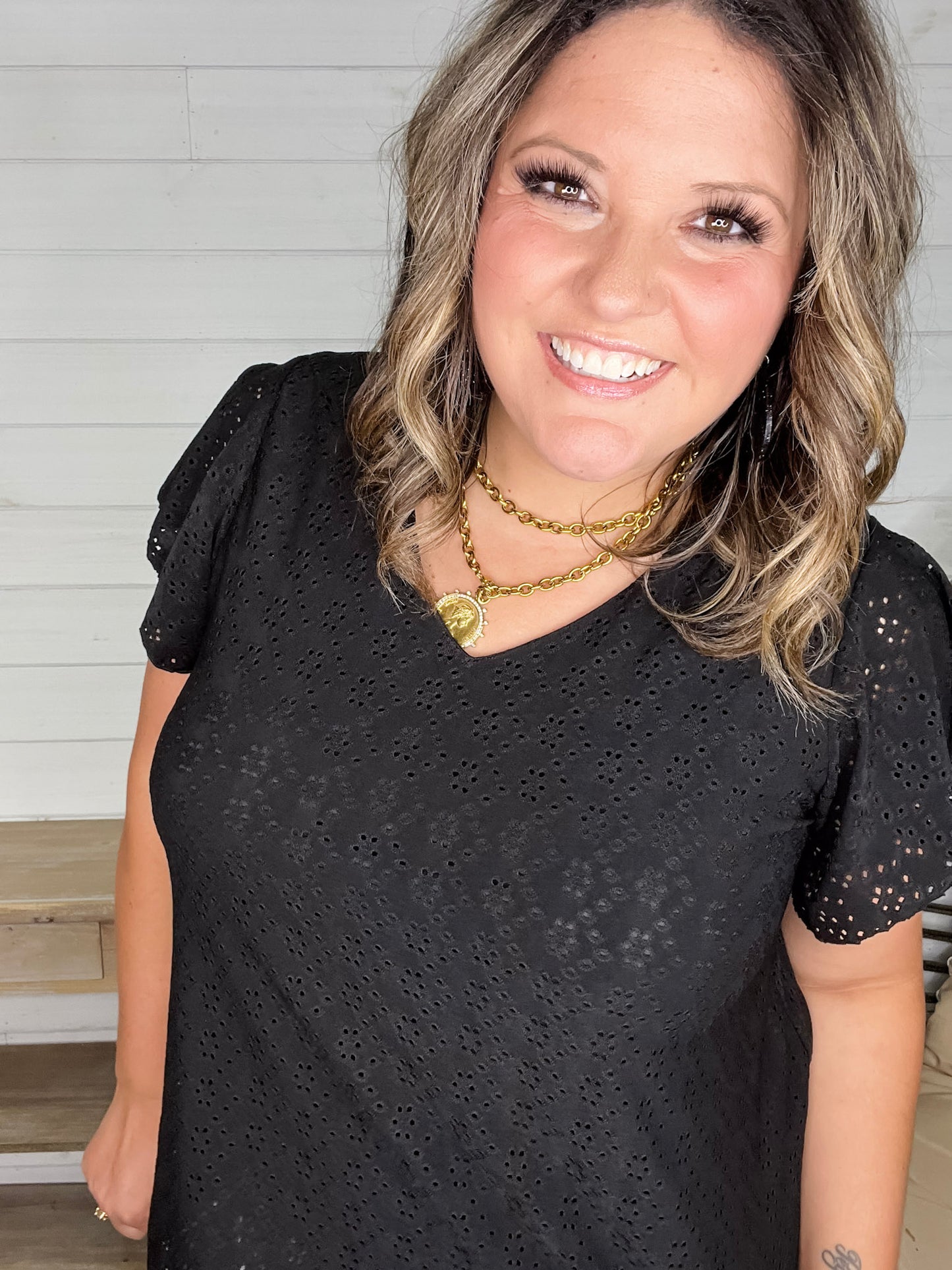 "Counting On It" Eyelet Ruffle Cap Sleeve (Black)