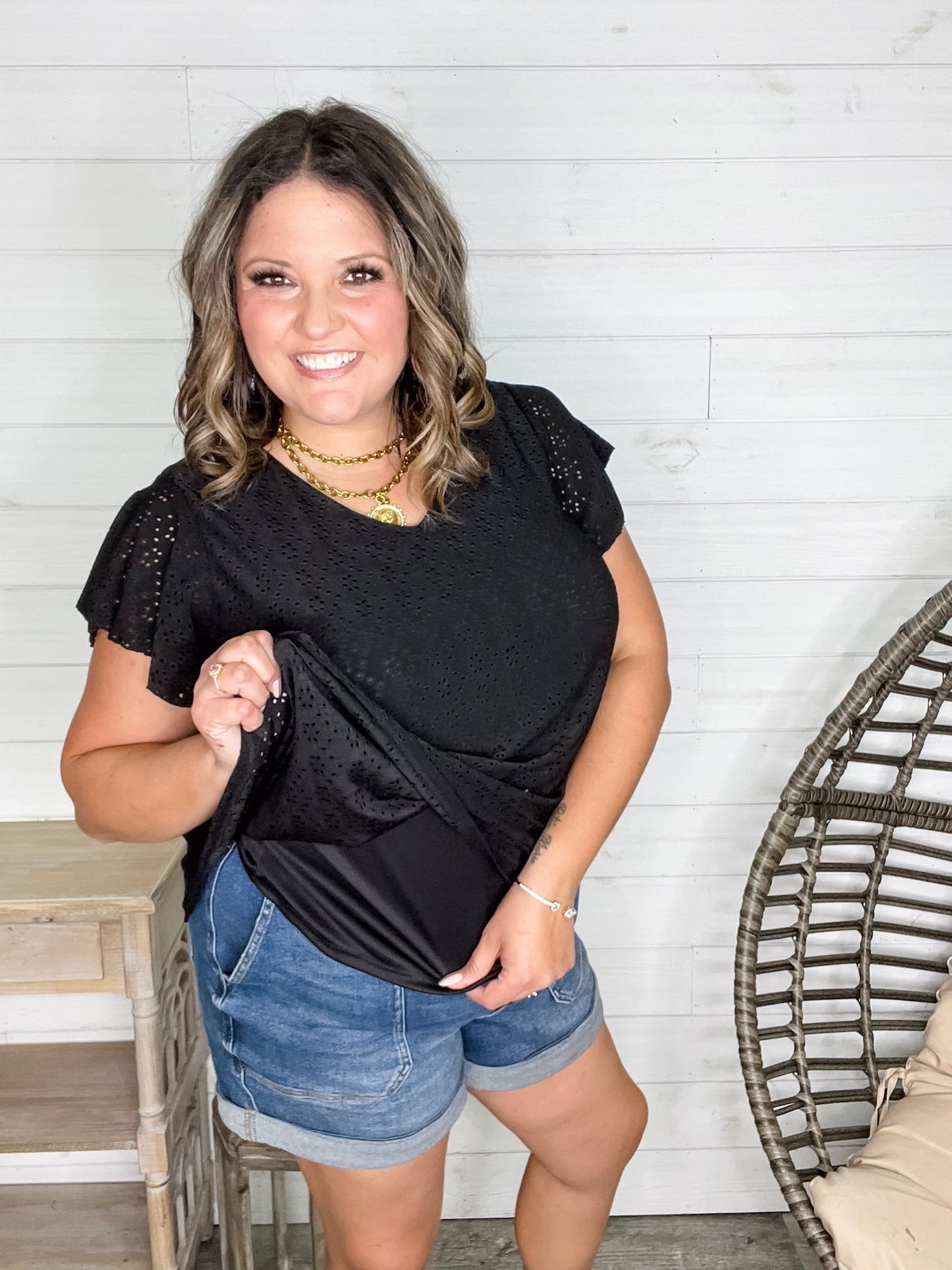 "Counting On It" Eyelet Ruffle Cap Sleeve (Black)