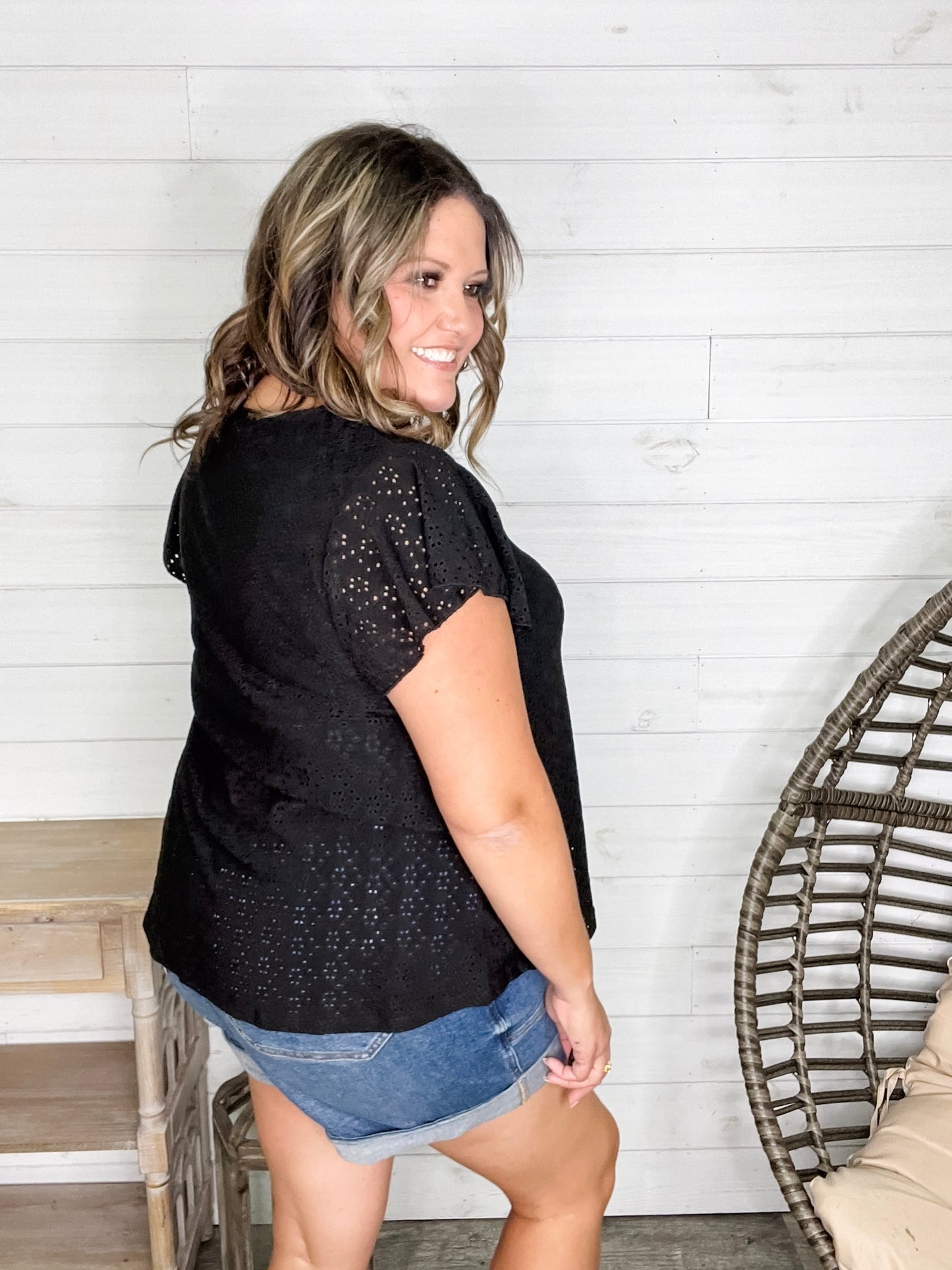 "Counting On It" Eyelet Ruffle Cap Sleeve (Black)