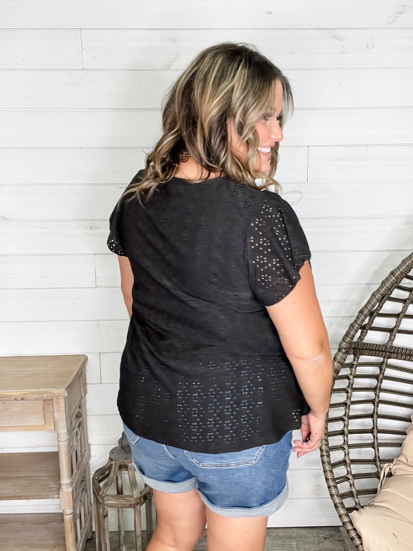 "Counting On It" Eyelet Ruffle Cap Sleeve (Black)