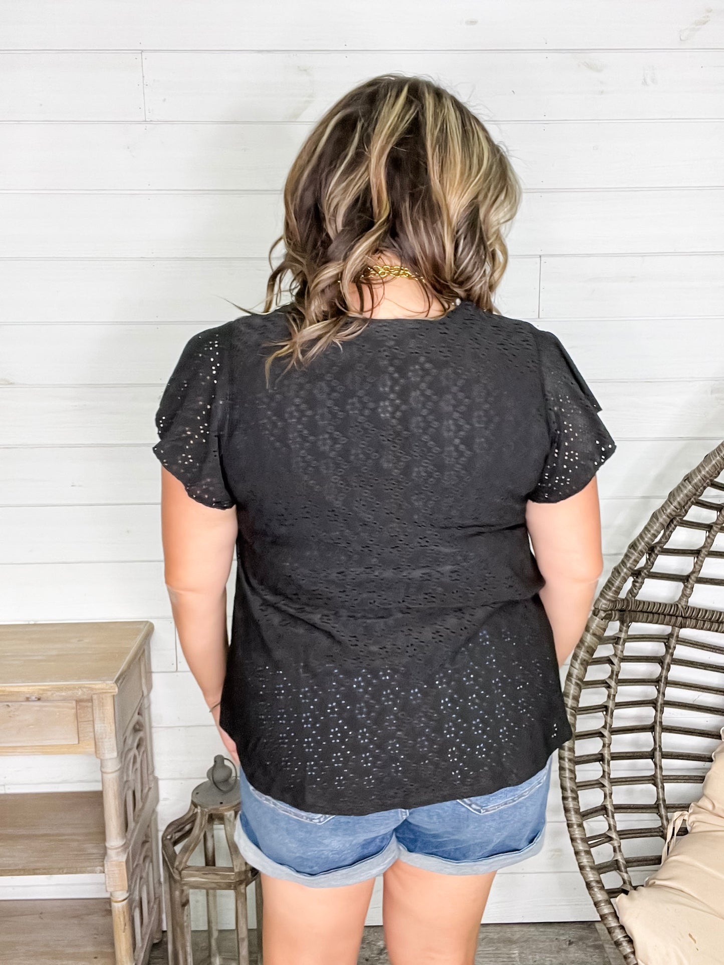 "Counting On It" Eyelet Ruffle Cap Sleeve (Black)