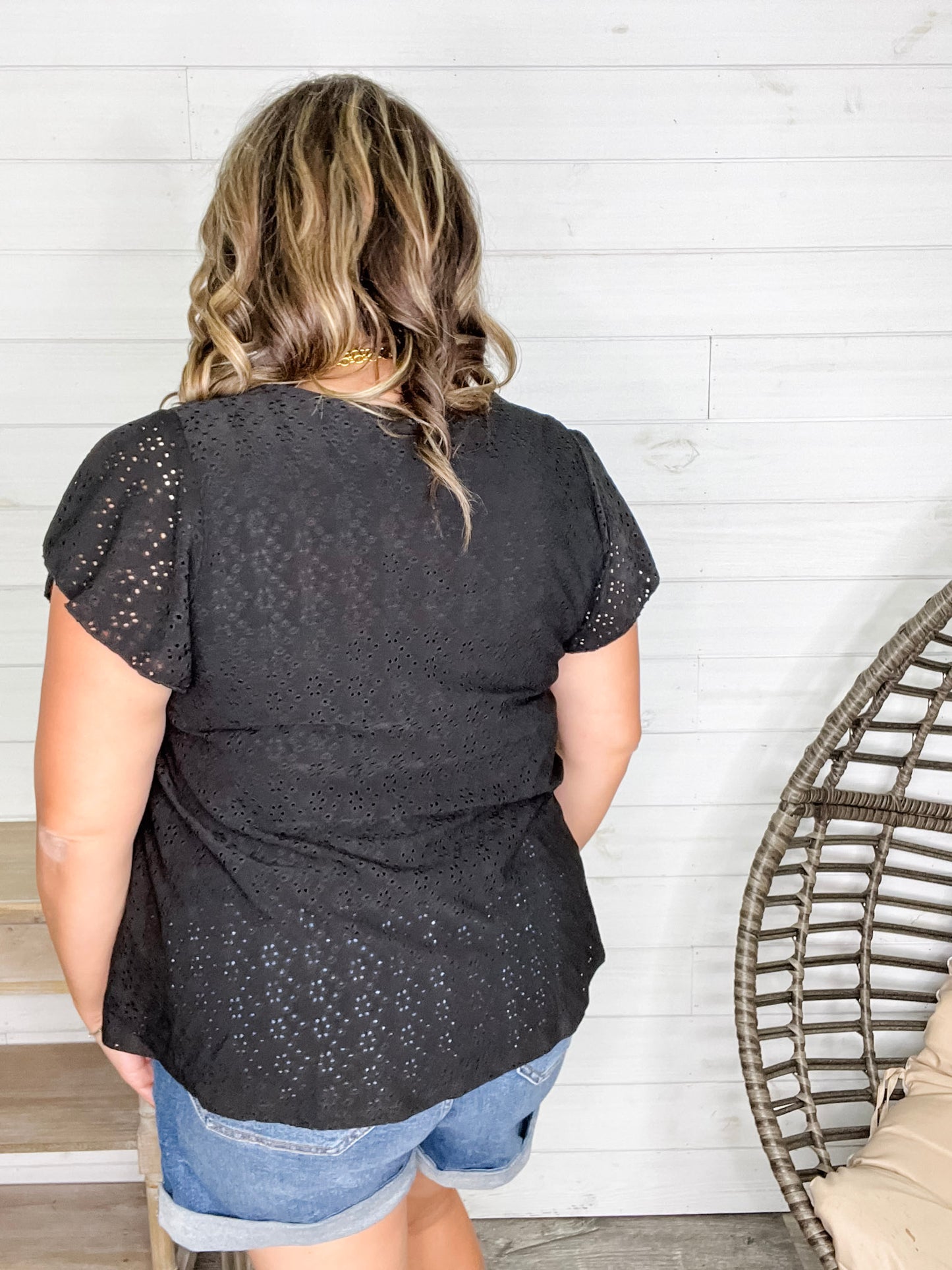 "Counting On It" Eyelet Ruffle Cap Sleeve (Black)
