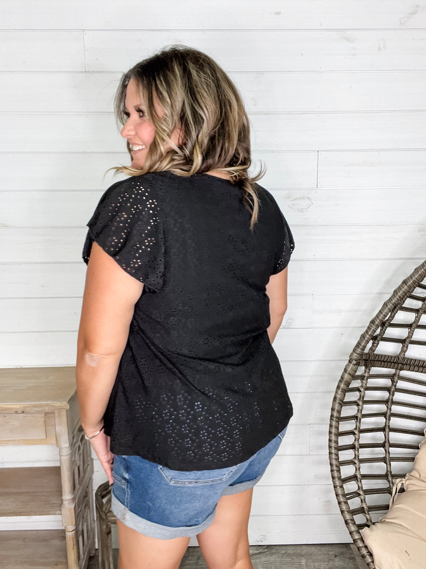 "Counting On It" Eyelet Ruffle Cap Sleeve (Black)