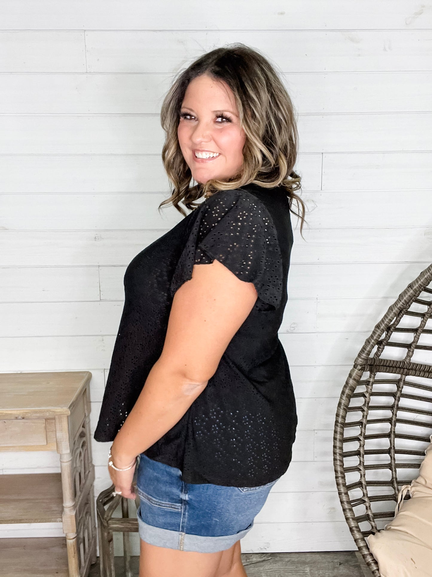 "Counting On It" Eyelet Ruffle Cap Sleeve (Black)