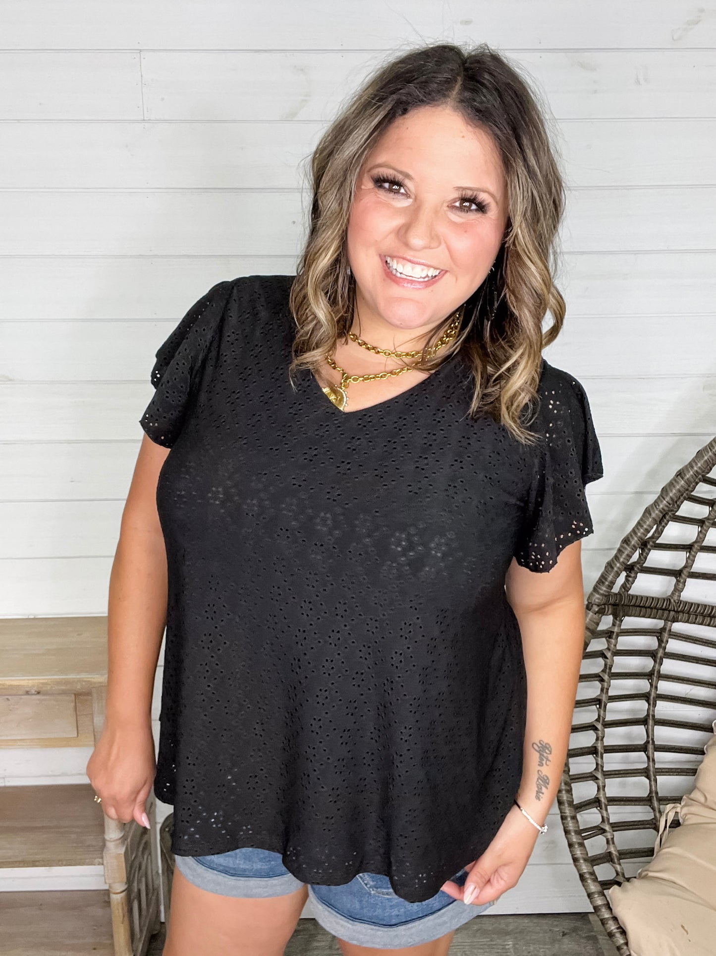 "Counting On It" Eyelet Ruffle Cap Sleeve (Black)