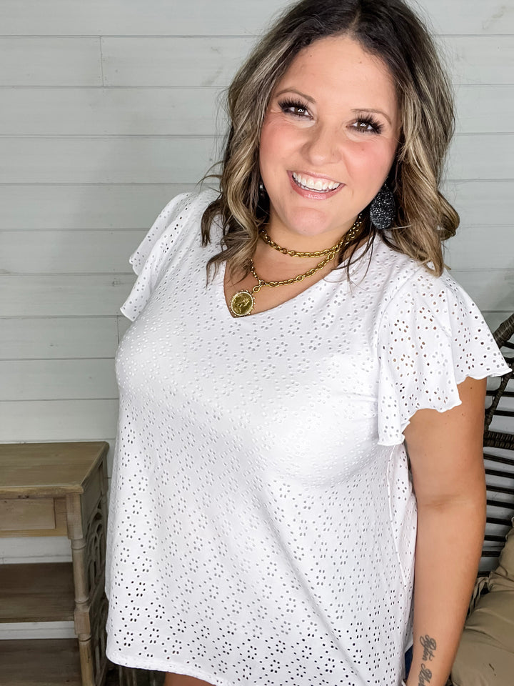 "Counting On It" Eyelet Ruffle Cap Sleeve (White)